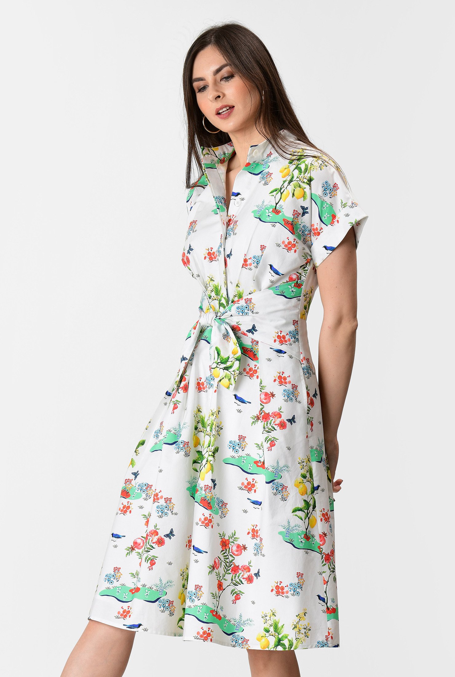 Shop Orchard print cotton asymmetric tie waist shirtdress | eShakti