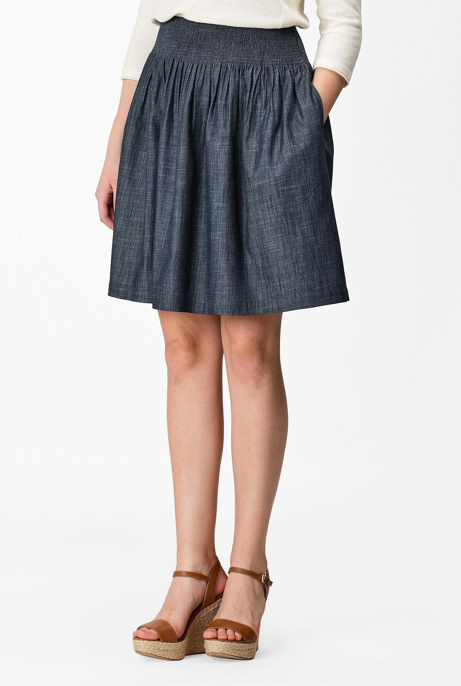 Shop Cotton Chambray Elastic Waist Skirt Eshakti 9164