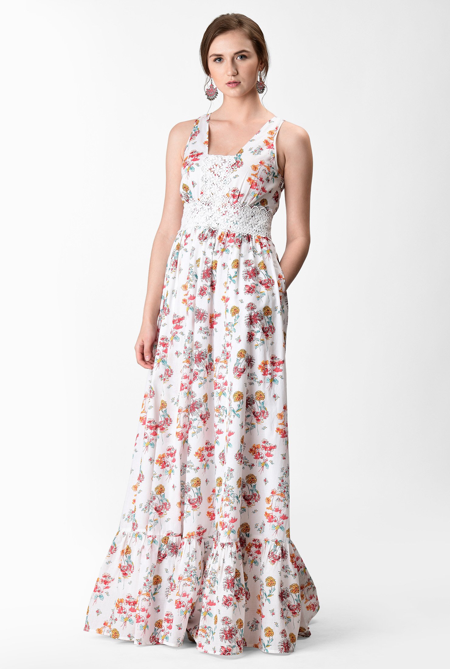 Shop Floral print cotton lace trim ruched maxi dress | eShakti