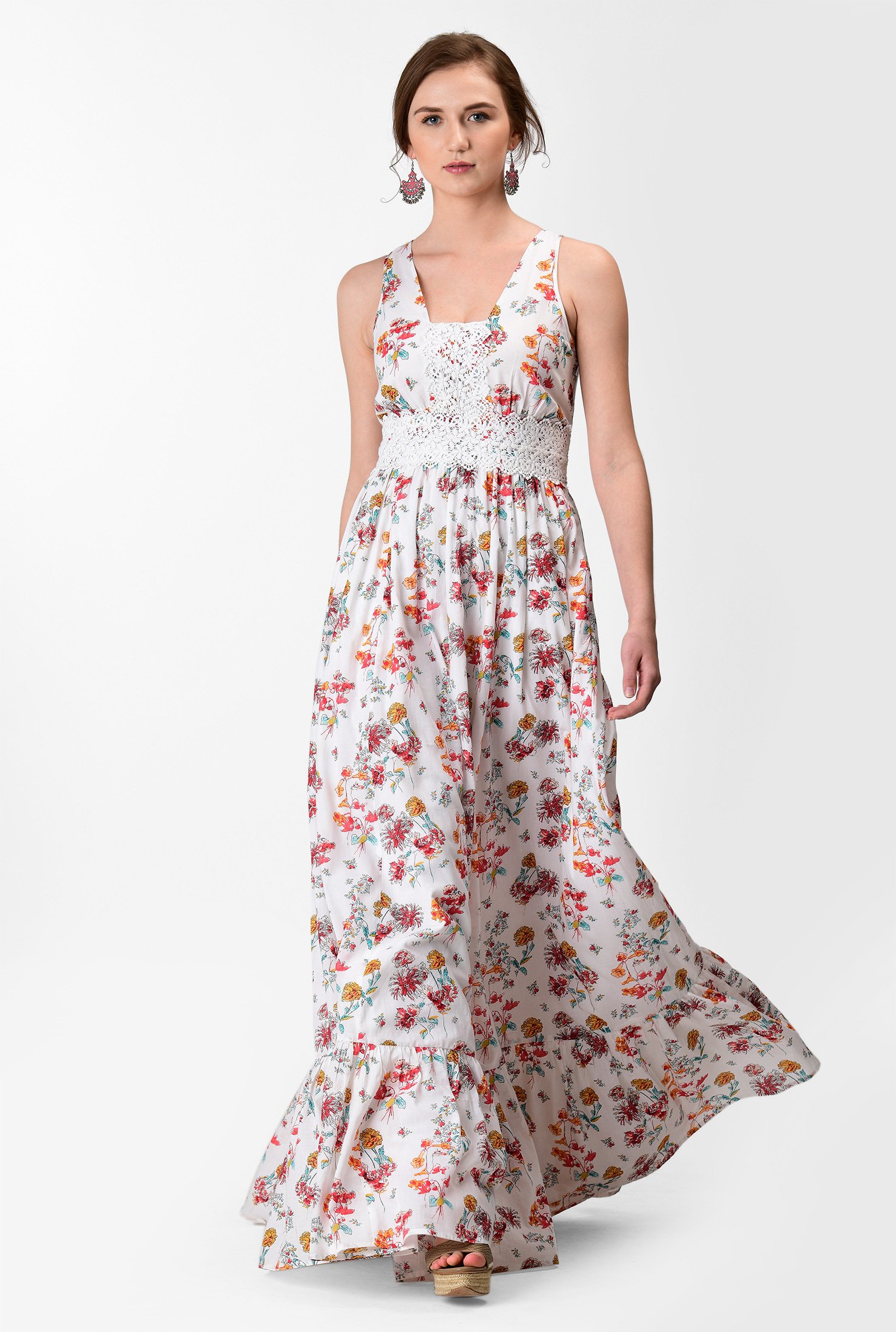 Shop Floral print cotton lace trim ruched maxi dress | eShakti