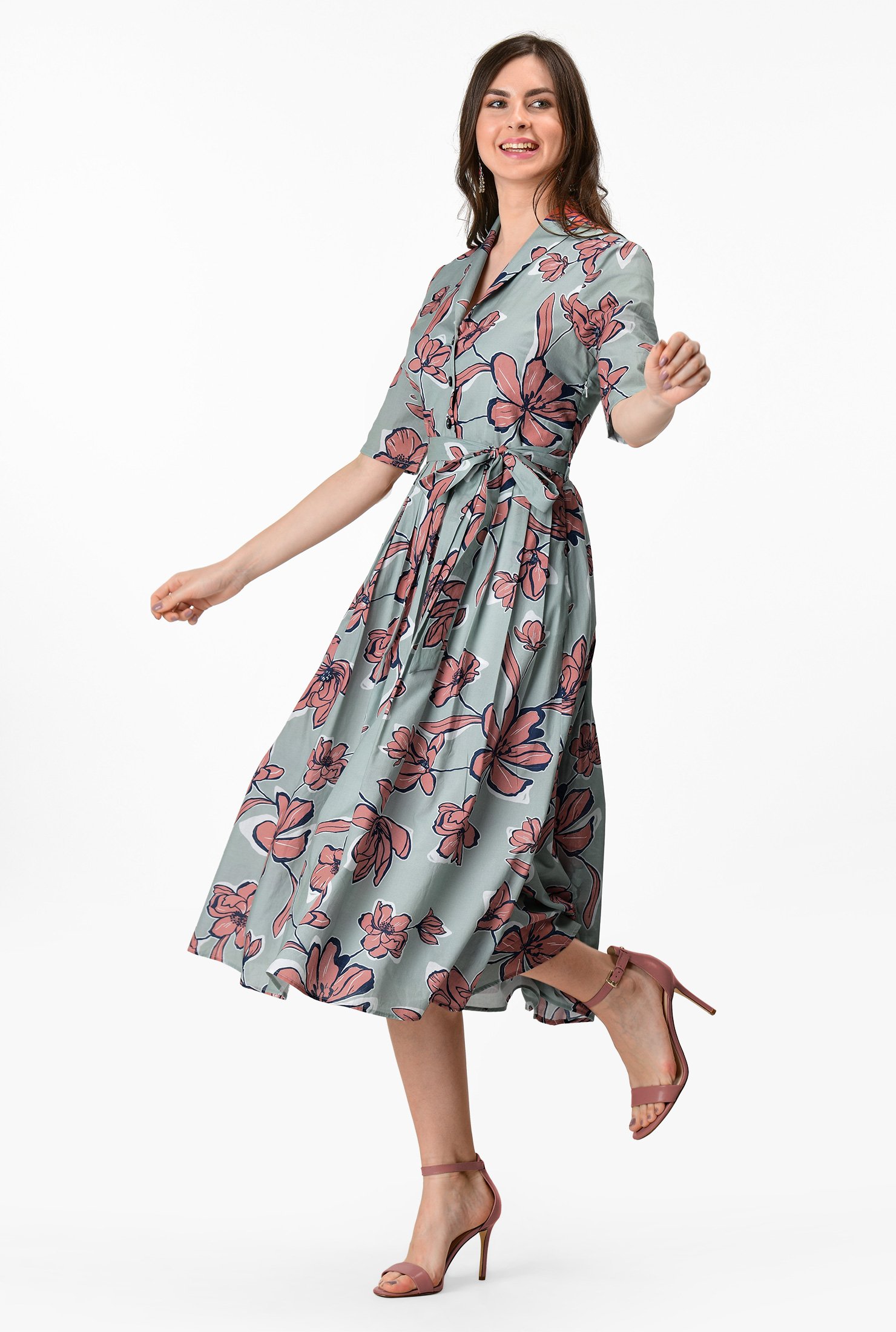 Shop Floral print cotton poplin shirtdress | eShakti