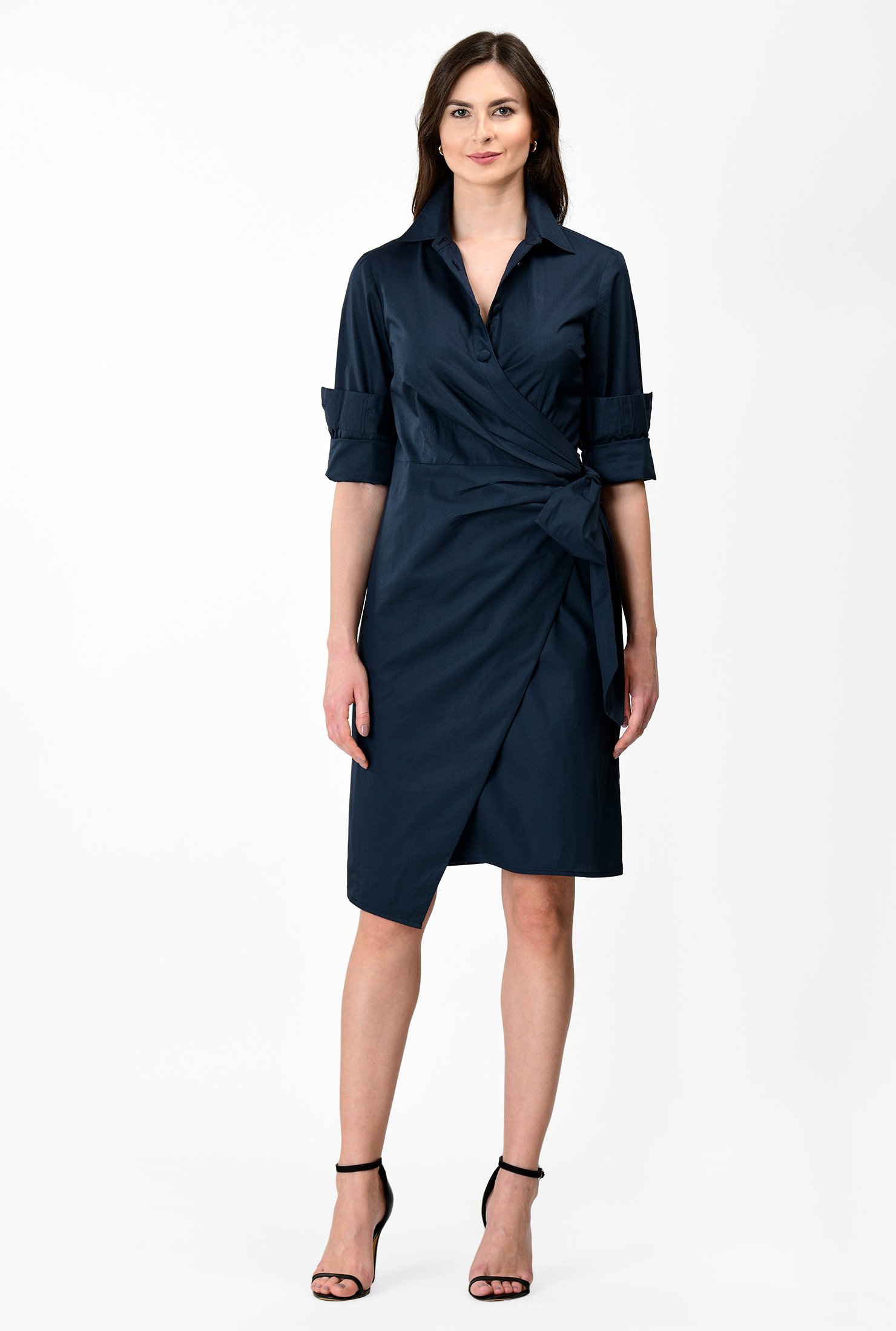 navy asymmetric neck pleated wrap midi dress