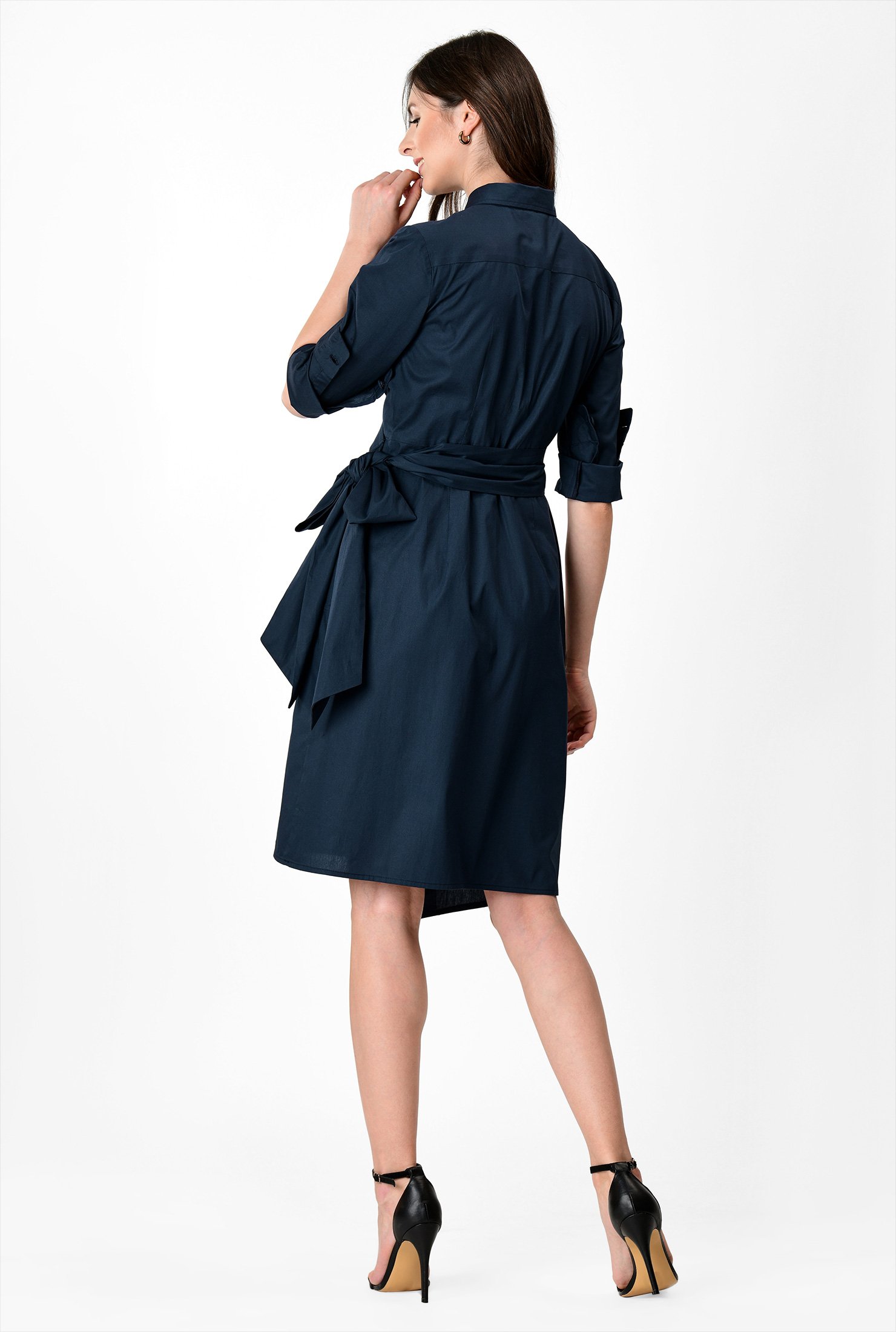 navy asymmetric neck pleated wrap midi dress