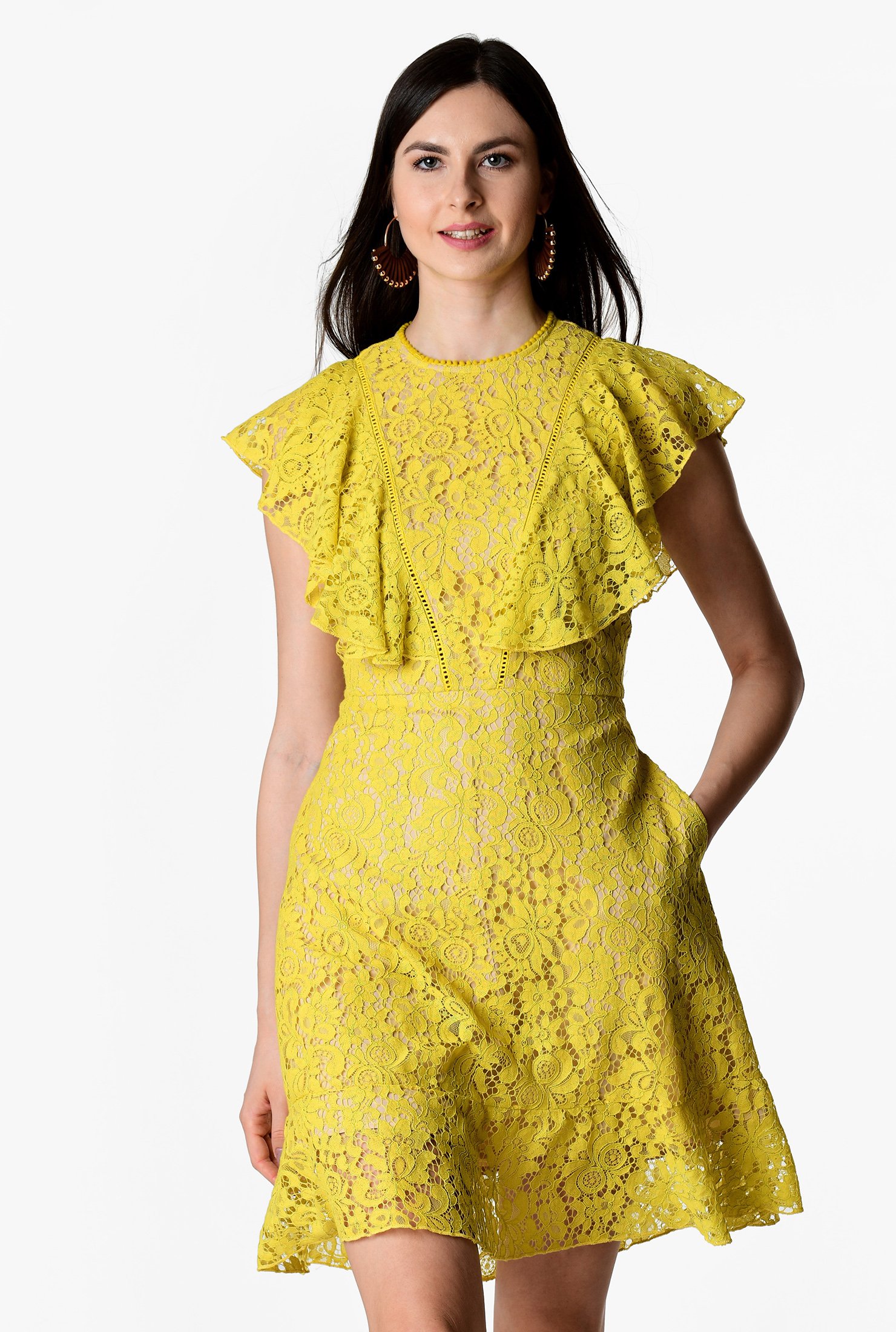 Shop Ruffle floral guipure lace dress | eShakti