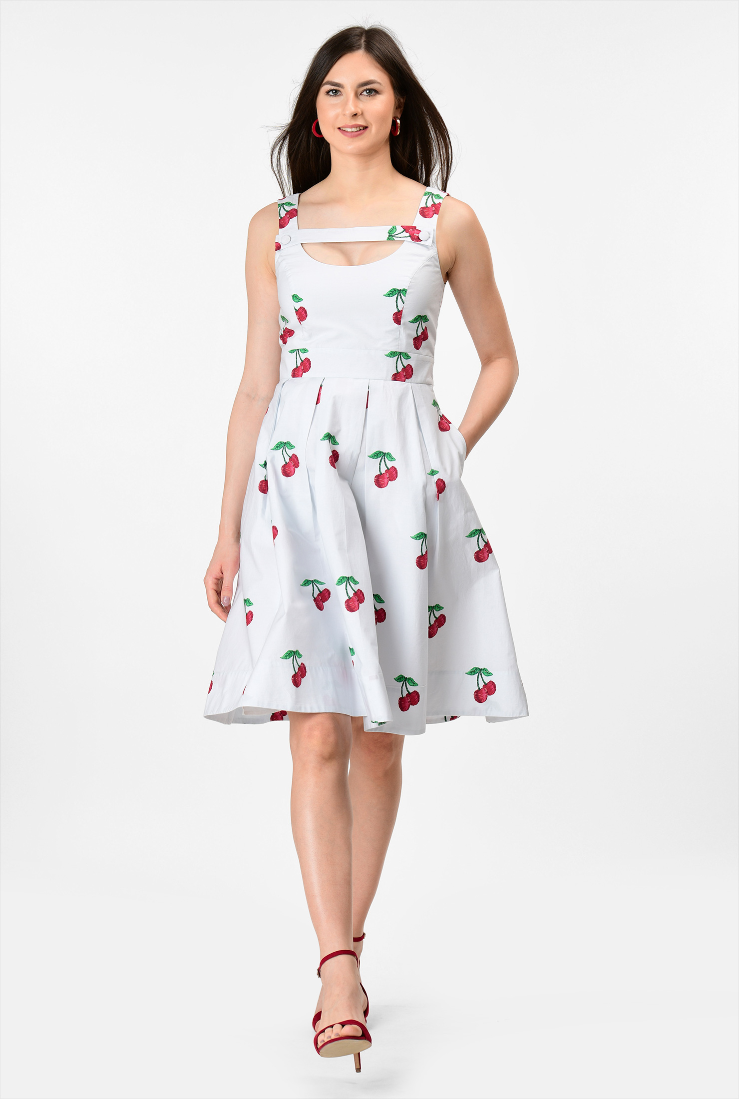 Shop Button tab cherry print cotton poplin dress eShakti