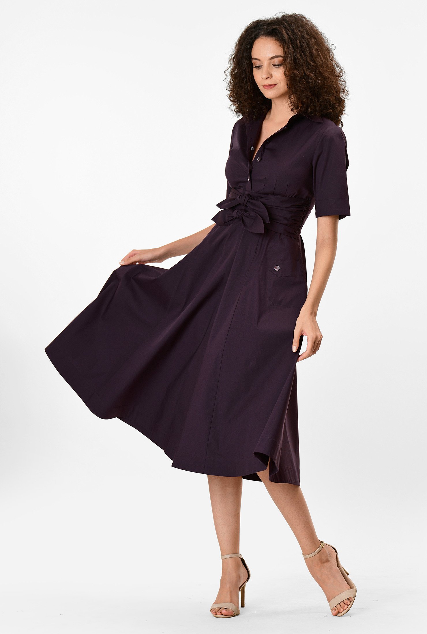 poplin detail tie waist dress