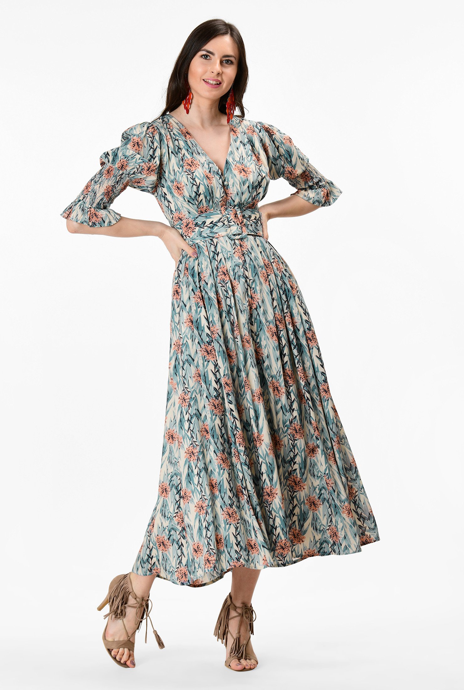 Shop Floral print wide belt midi dress | eShakti