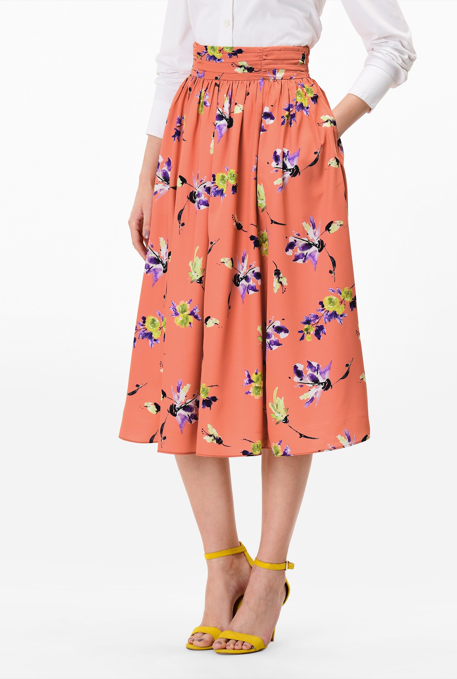 Shop Ruched floral print crepe skirt | eShakti