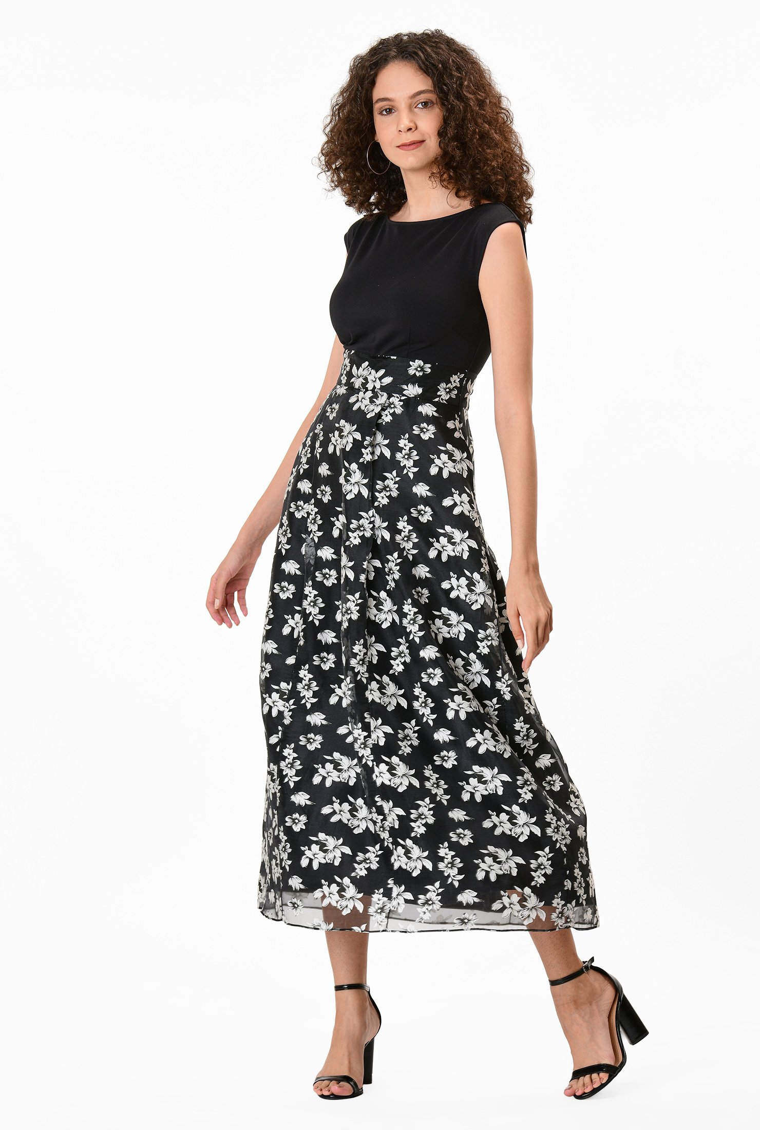 Shop Floral print burnout organza and cotton knit dress | eShakti