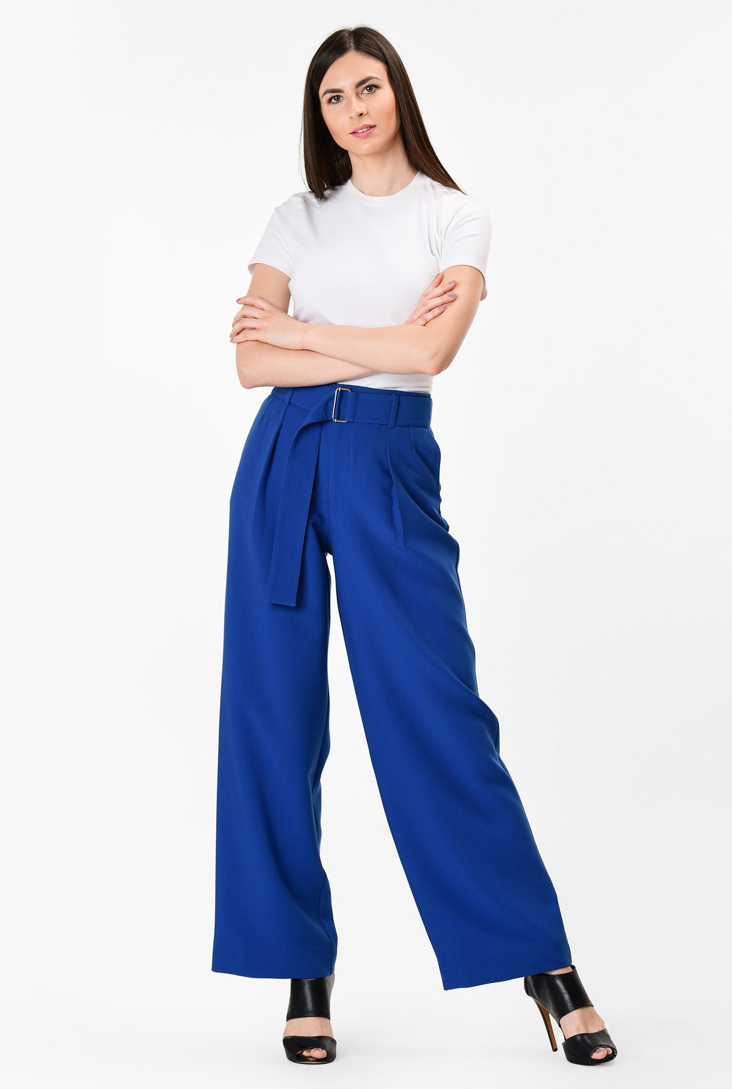 Shop Wide-leg cotton blend belted pants | eShakti
