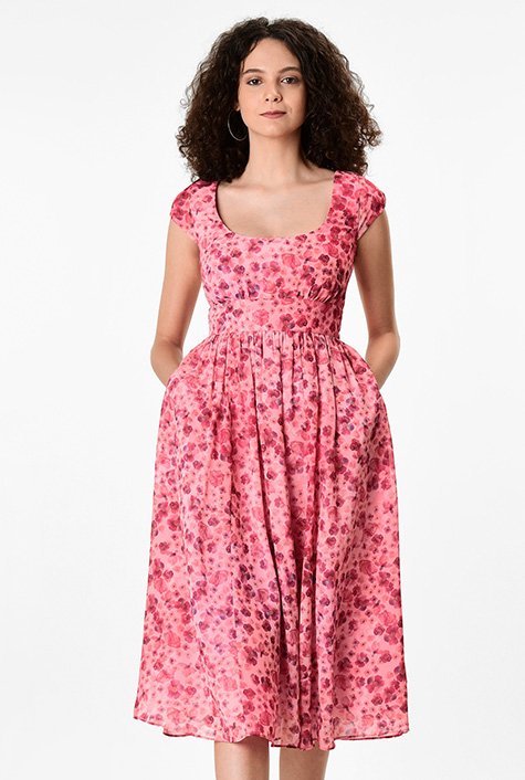 Shop Watercolor floral print georgette banded waist dress | eShakti
