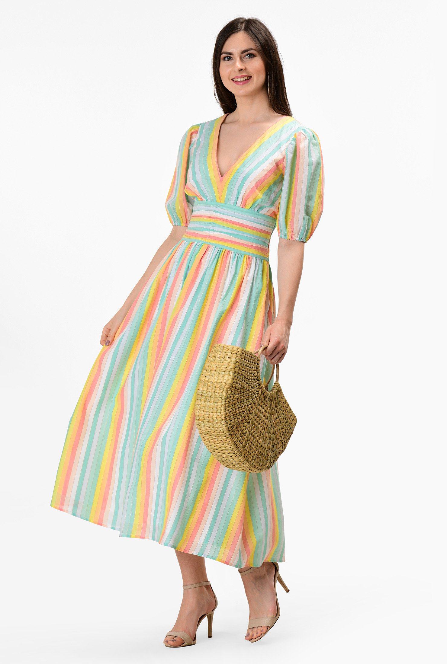 Shop Lurex stripe cotton pleat waist dress | eShakti