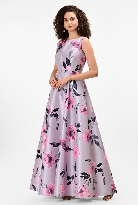 Shop Watercolor floral print dupioni maxi dress | eShakti