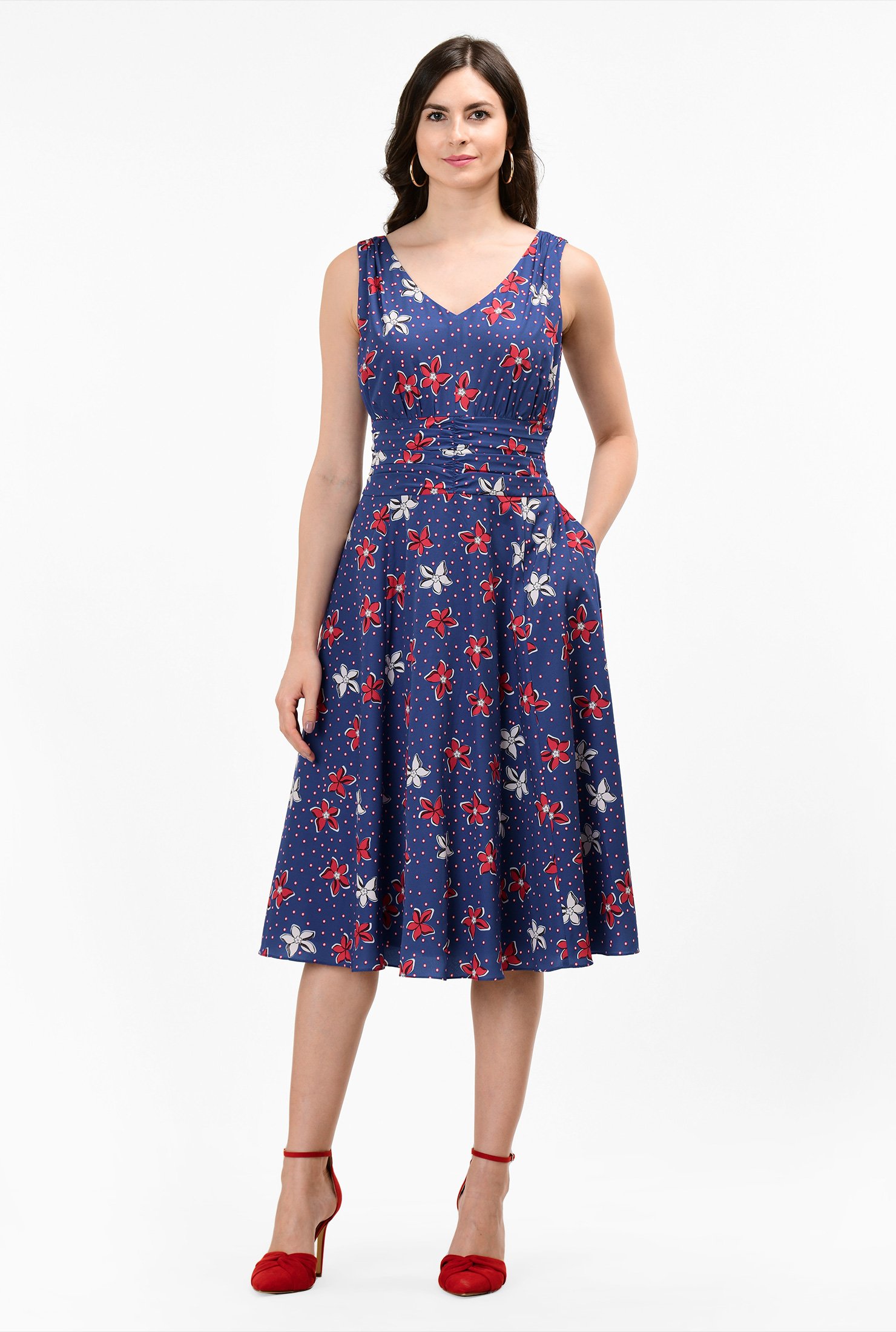 Shop Floral dot print crepe pleat waist dress | eShakti