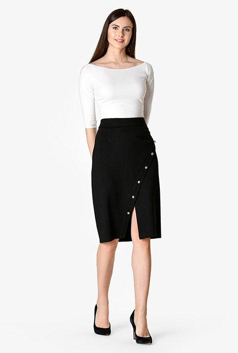 Shop Asymmetric button ponte knit pencil skirt eShakti