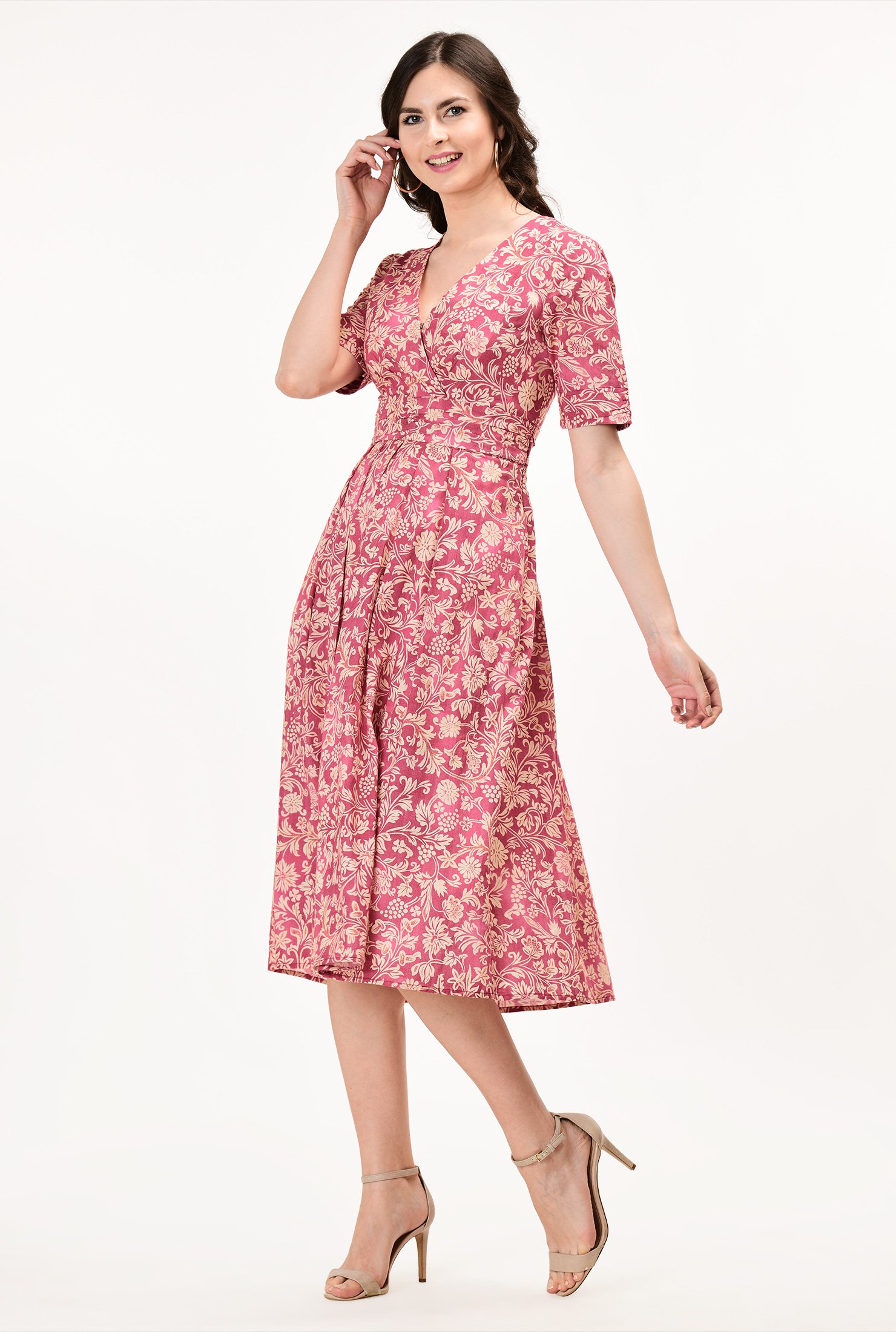 Shop Floral print voile pleat waist dress | eShakti