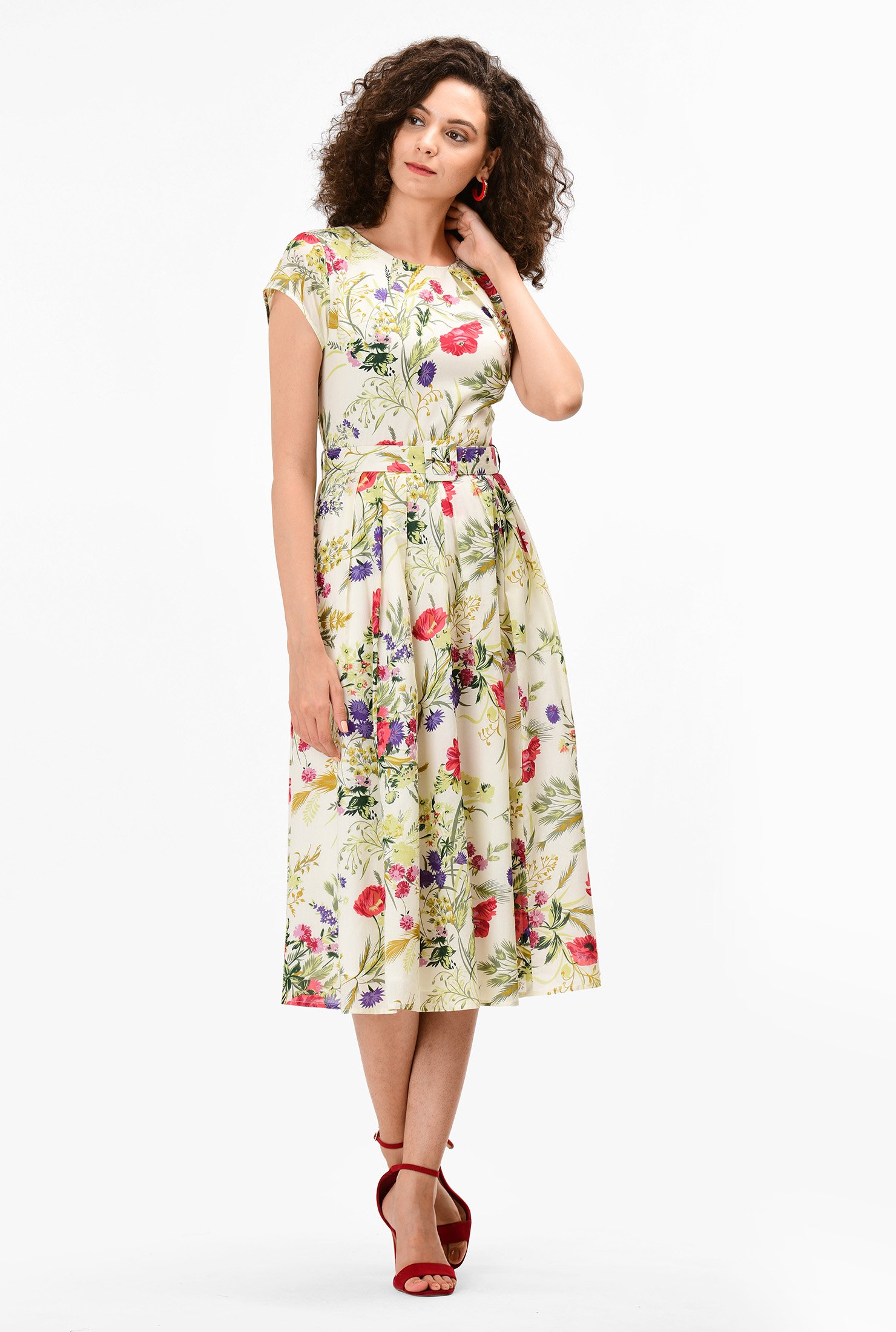 Shop Pleat neck belted floral print cotton dress | eShakti