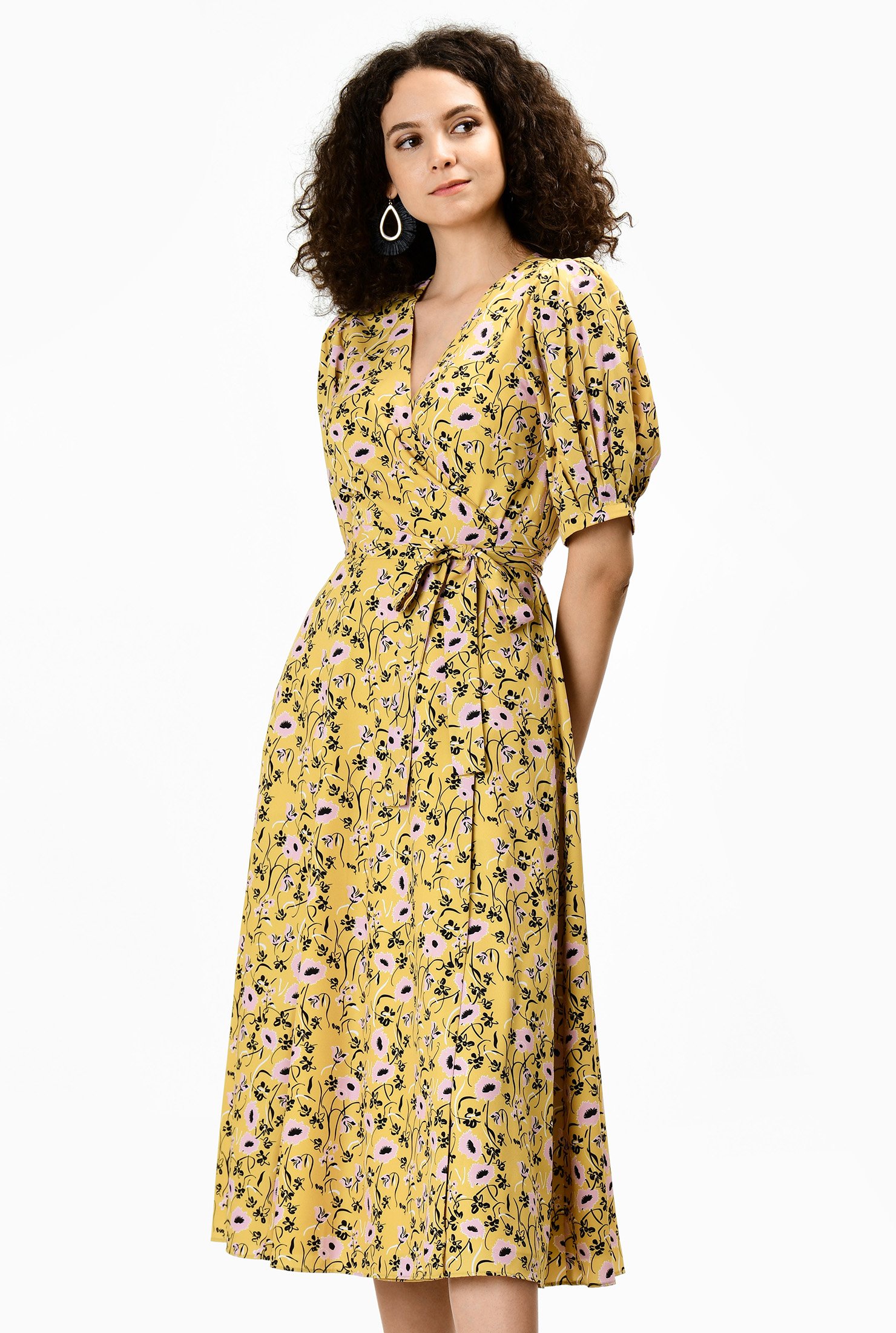 Shop Puff sleeve floral print crepe wrap dress | eShakti