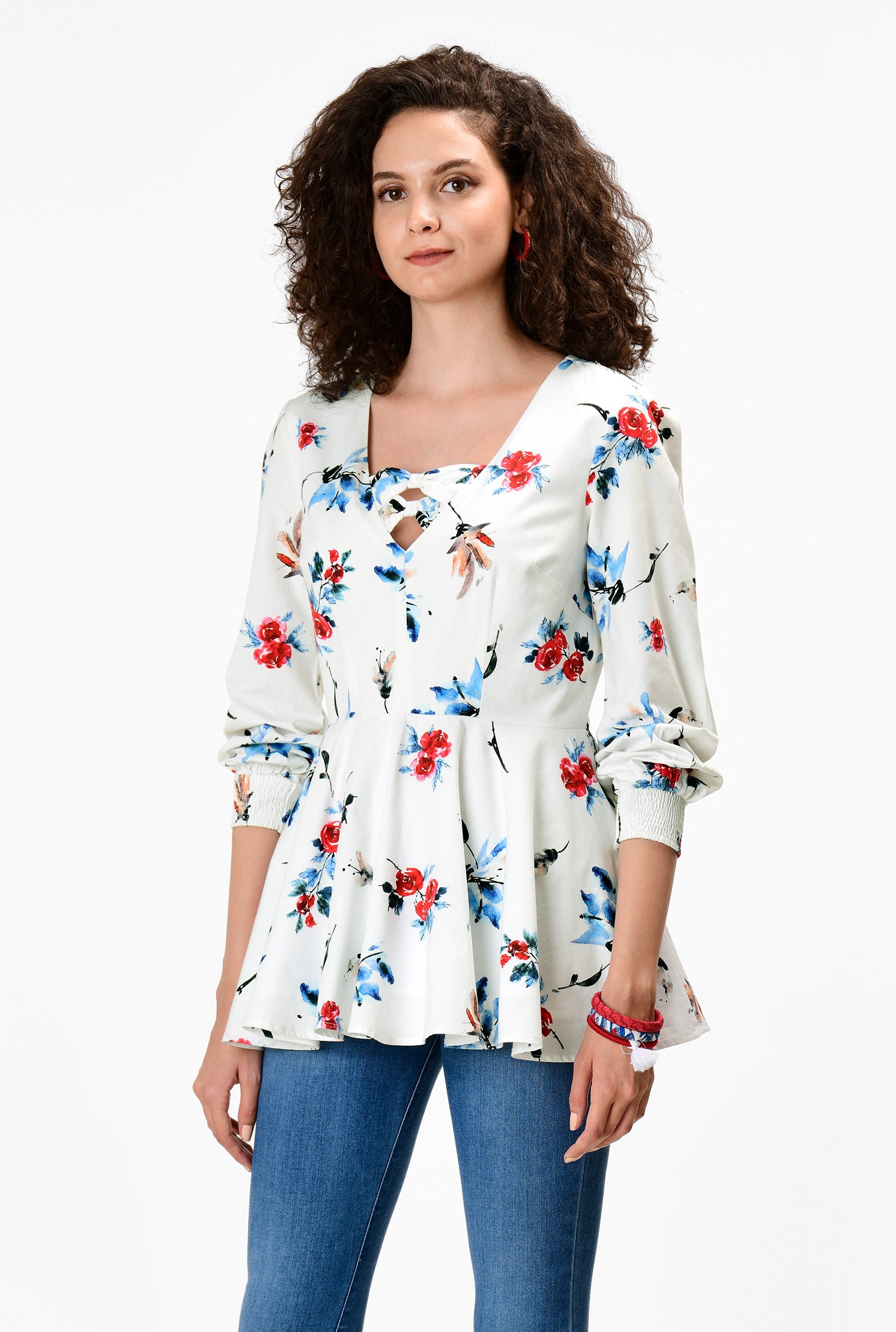 Shop Floral print poplin peplum top | eShakti