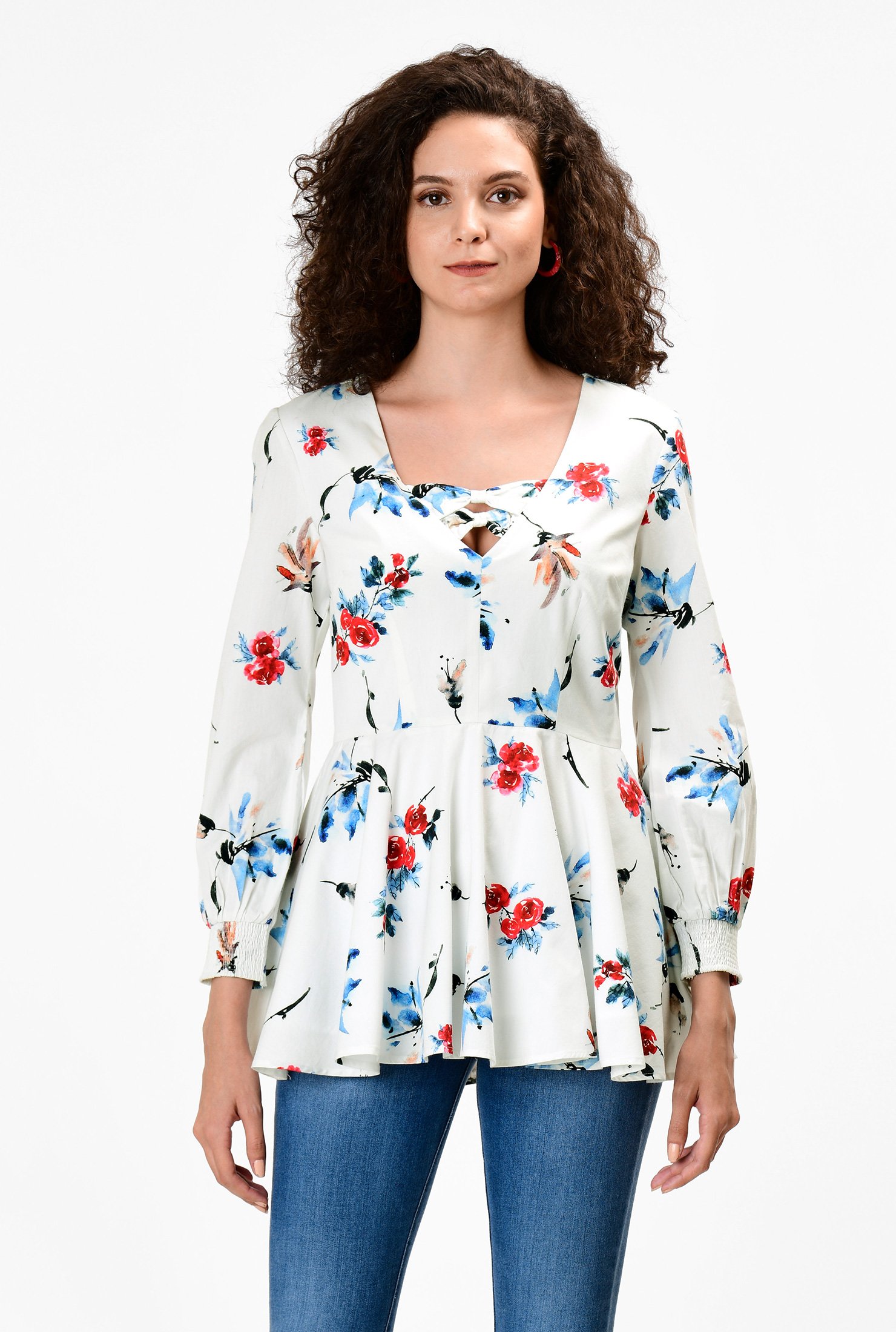 Shop Floral print poplin peplum top | eShakti