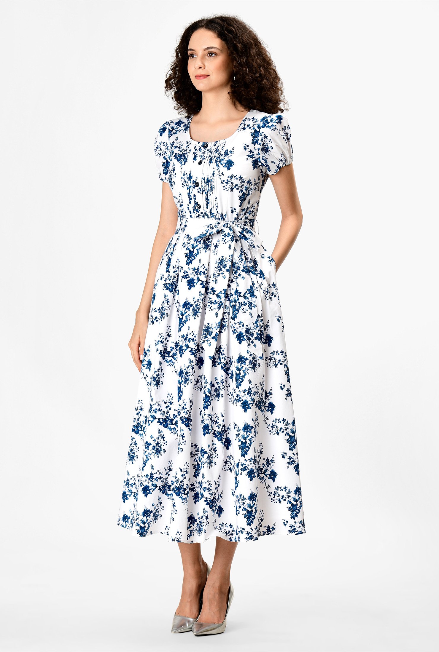 Shop Pleat front floral print twill cotton dress | eShakti