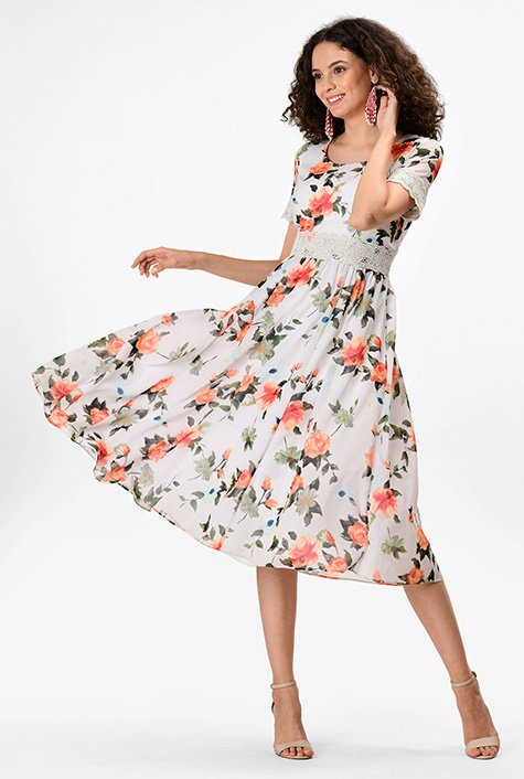 Shop Lace trim floral print georgette dress | eShakti