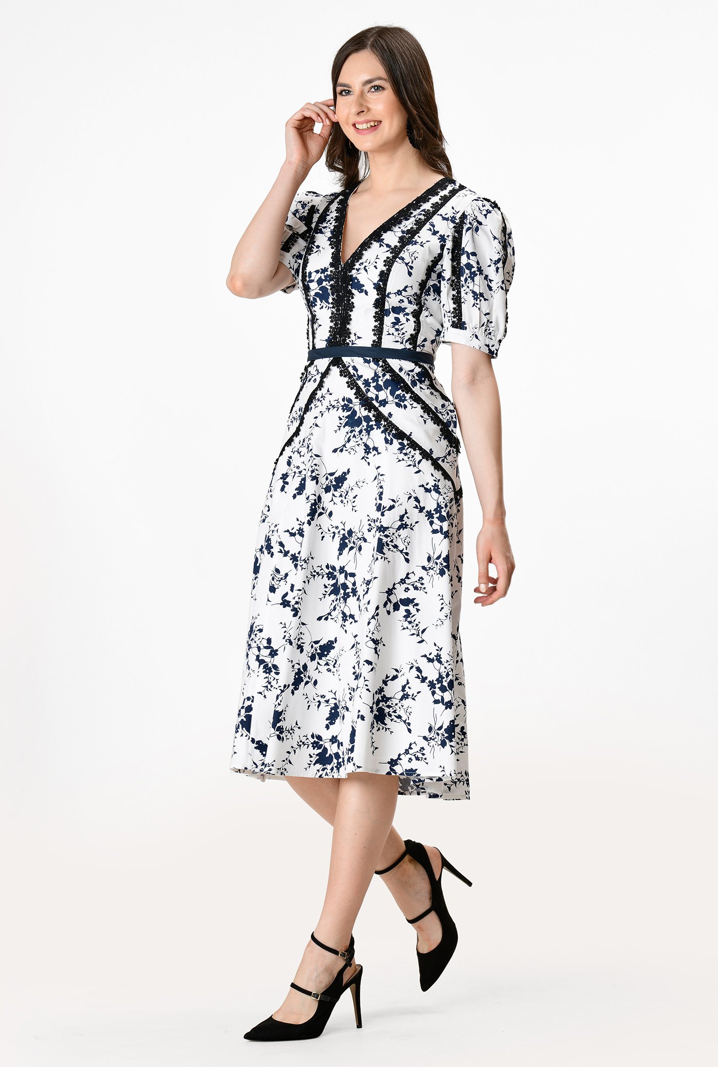 Shop Lace trim floral print cotton twill dress | eShakti