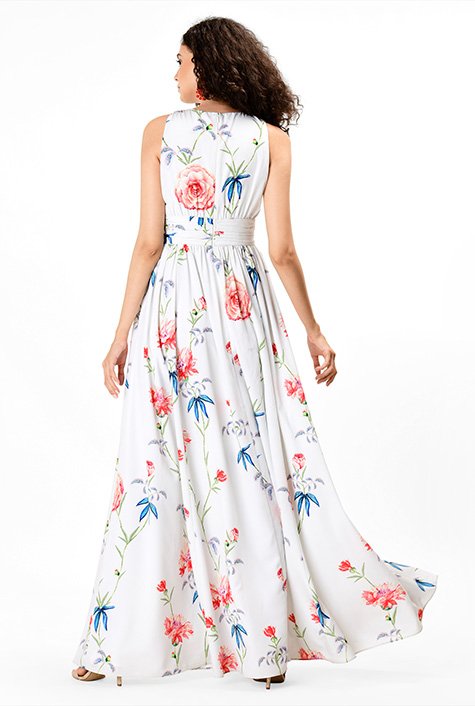 Shop Floral print pleat waist crepe maxi dress | eShakti