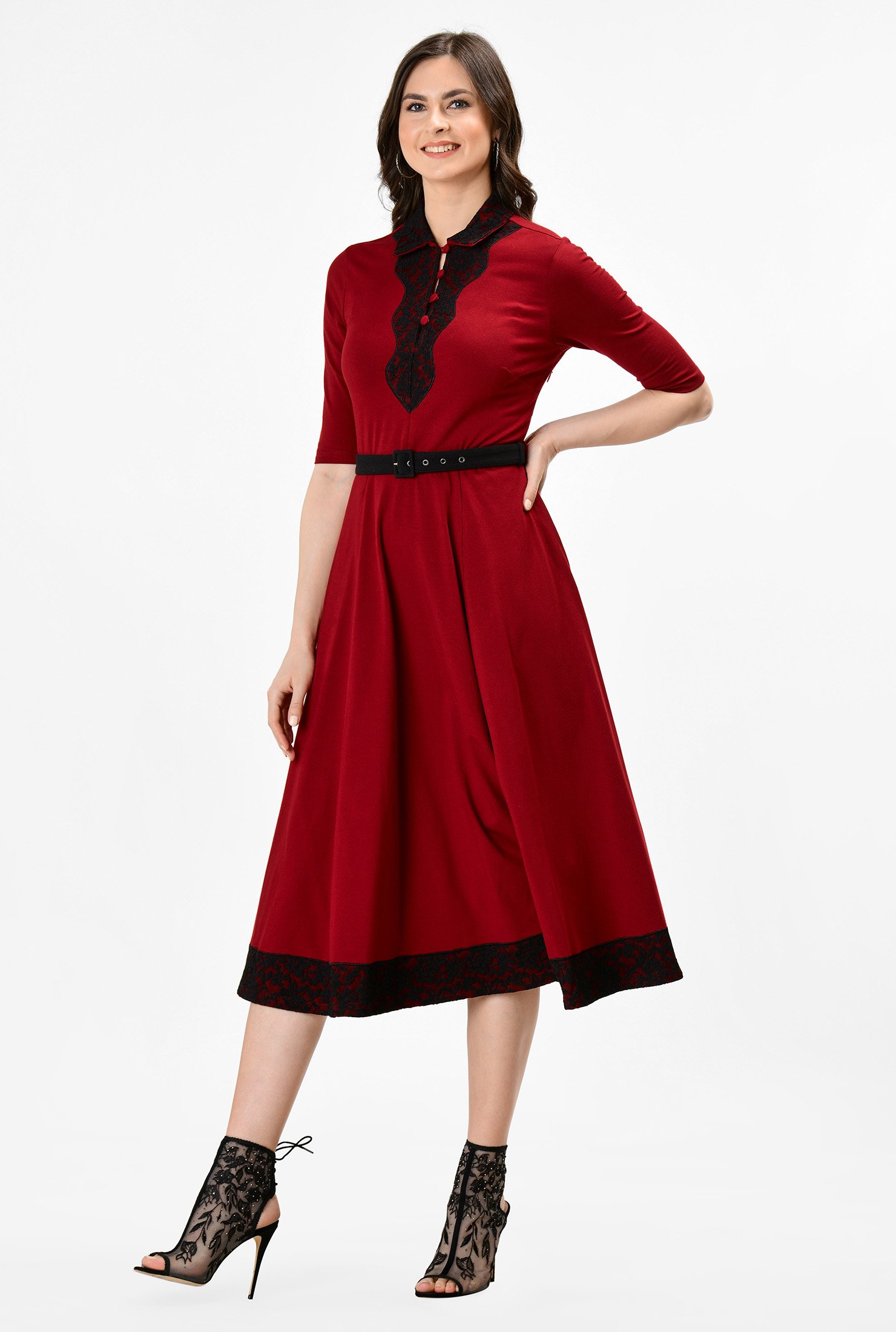 Shop Floral lace trim cotton knit dress | eShakti