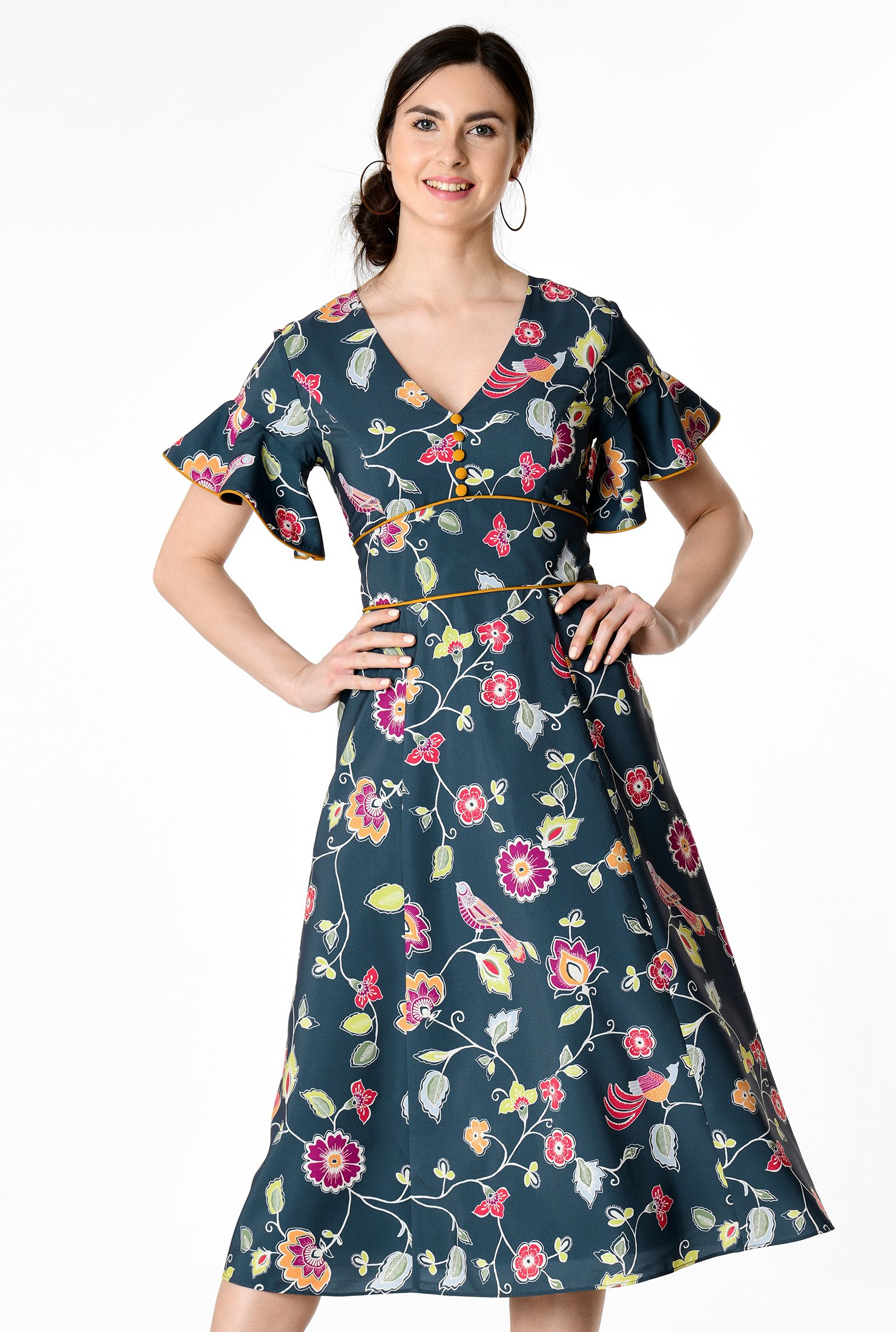Shop Floral print crepe banded empire dress | eShakti