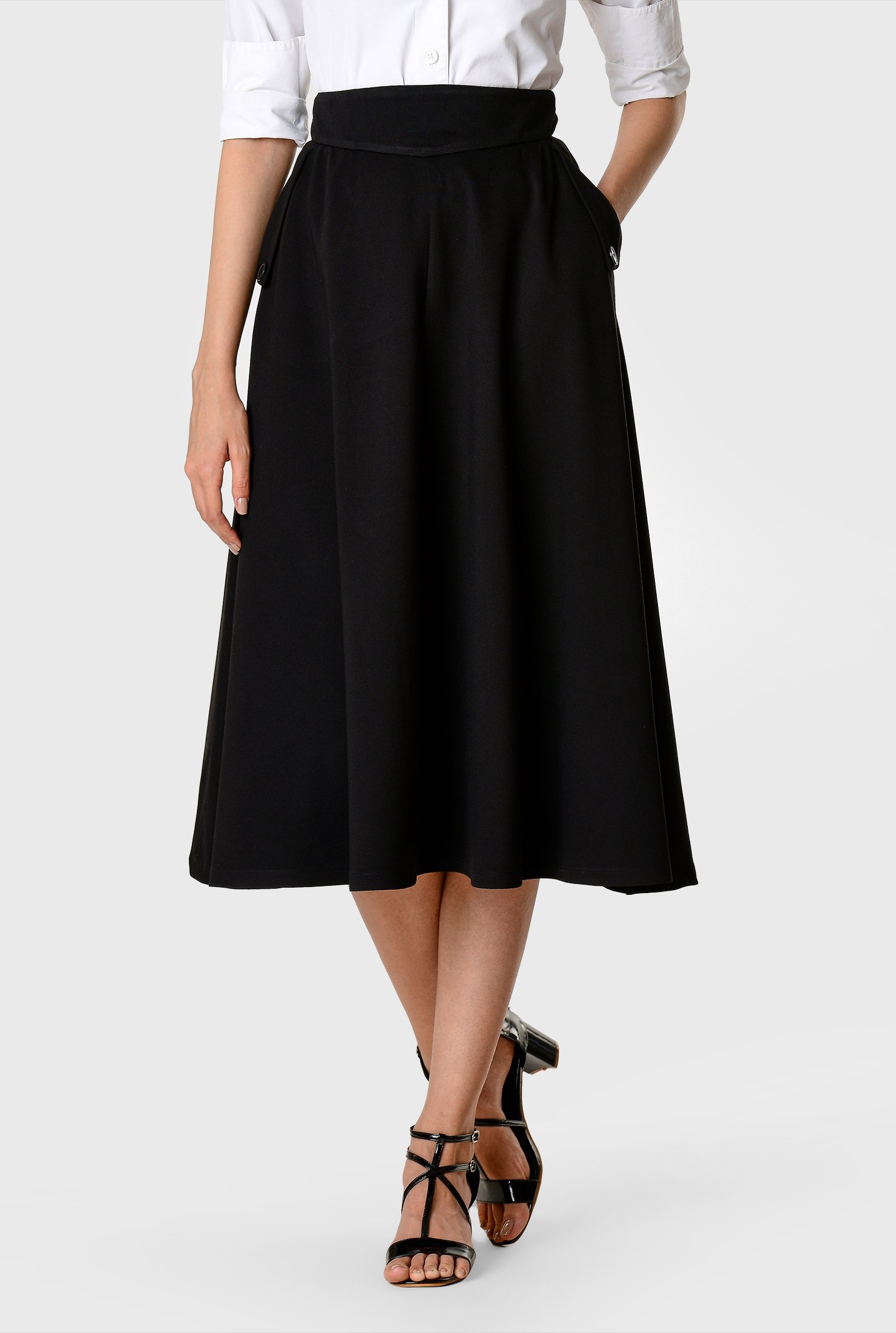 Shop Button pocket ponte knit flared skirt | eShakti