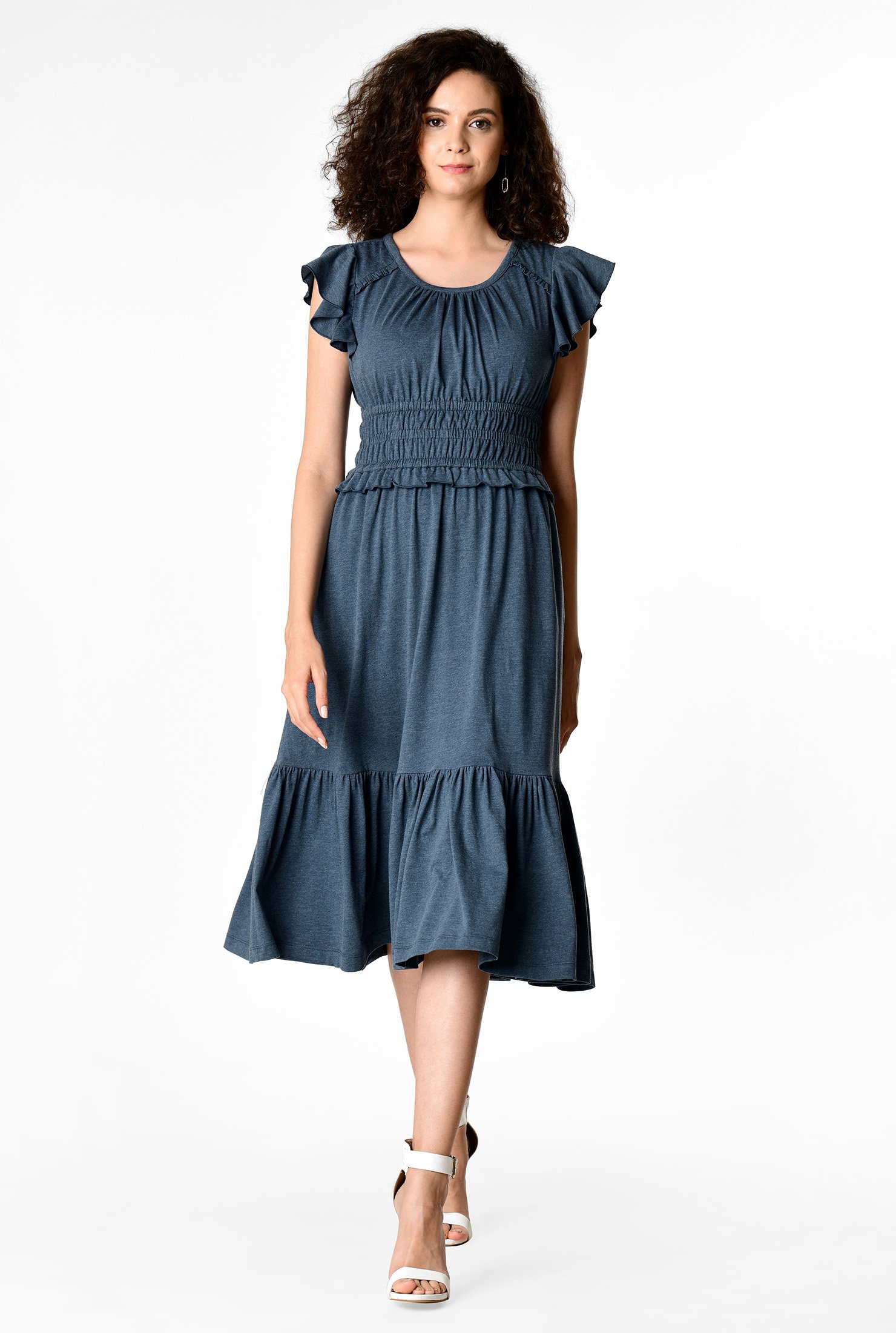 Shop Ruffle cotton knit elastic waist dress | eShakti