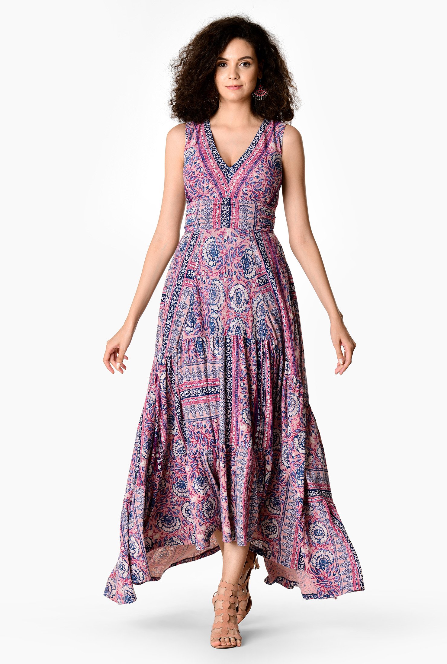 Shop Ruched tier floral print cotton knit dress | eShakti