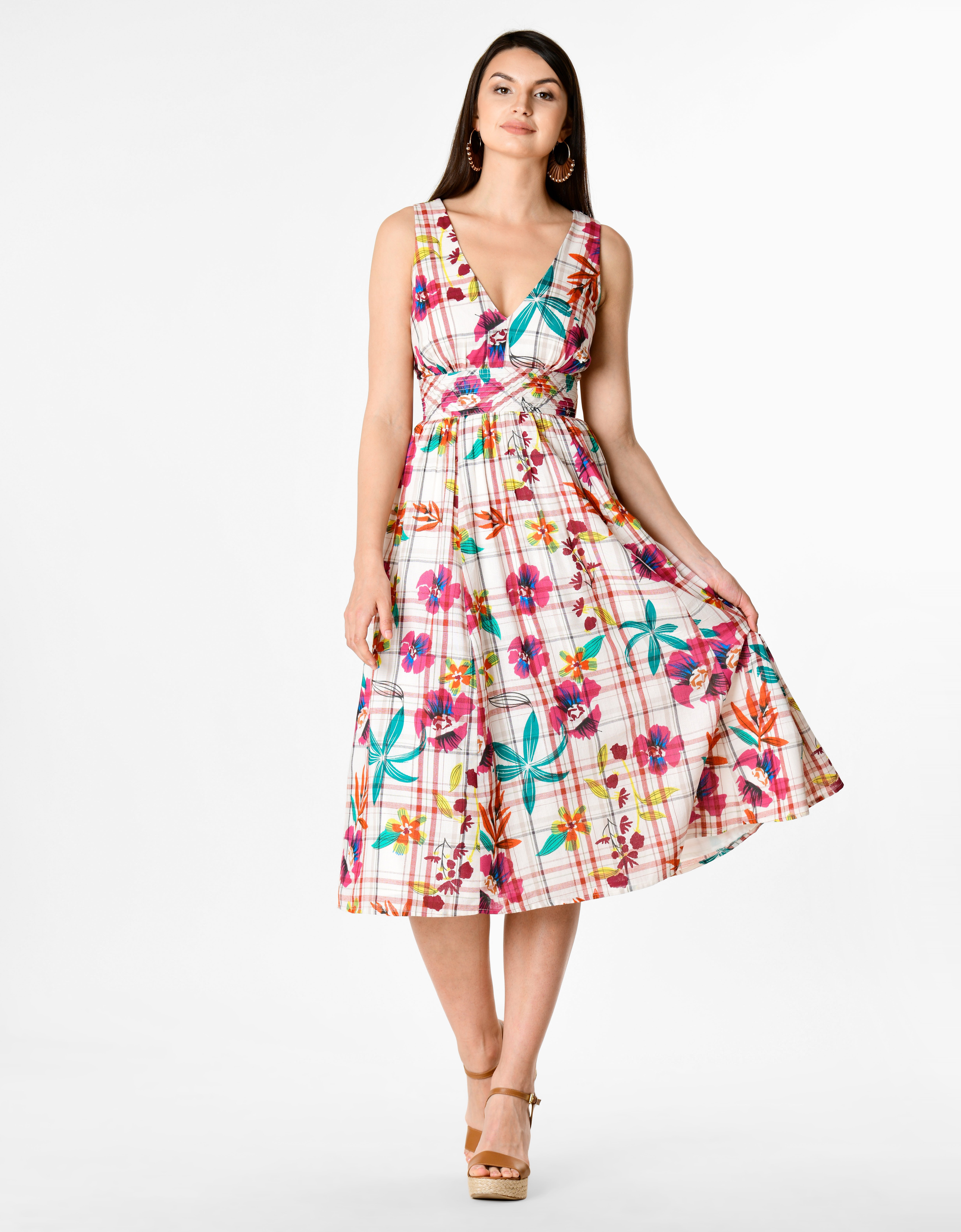 Shop Floral print cotton check banded empire dress | eShakti