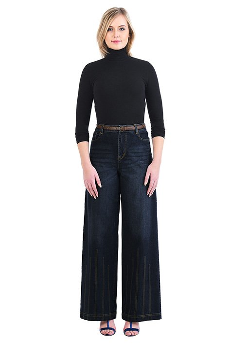 Top stitch hem wide leg denim jeans