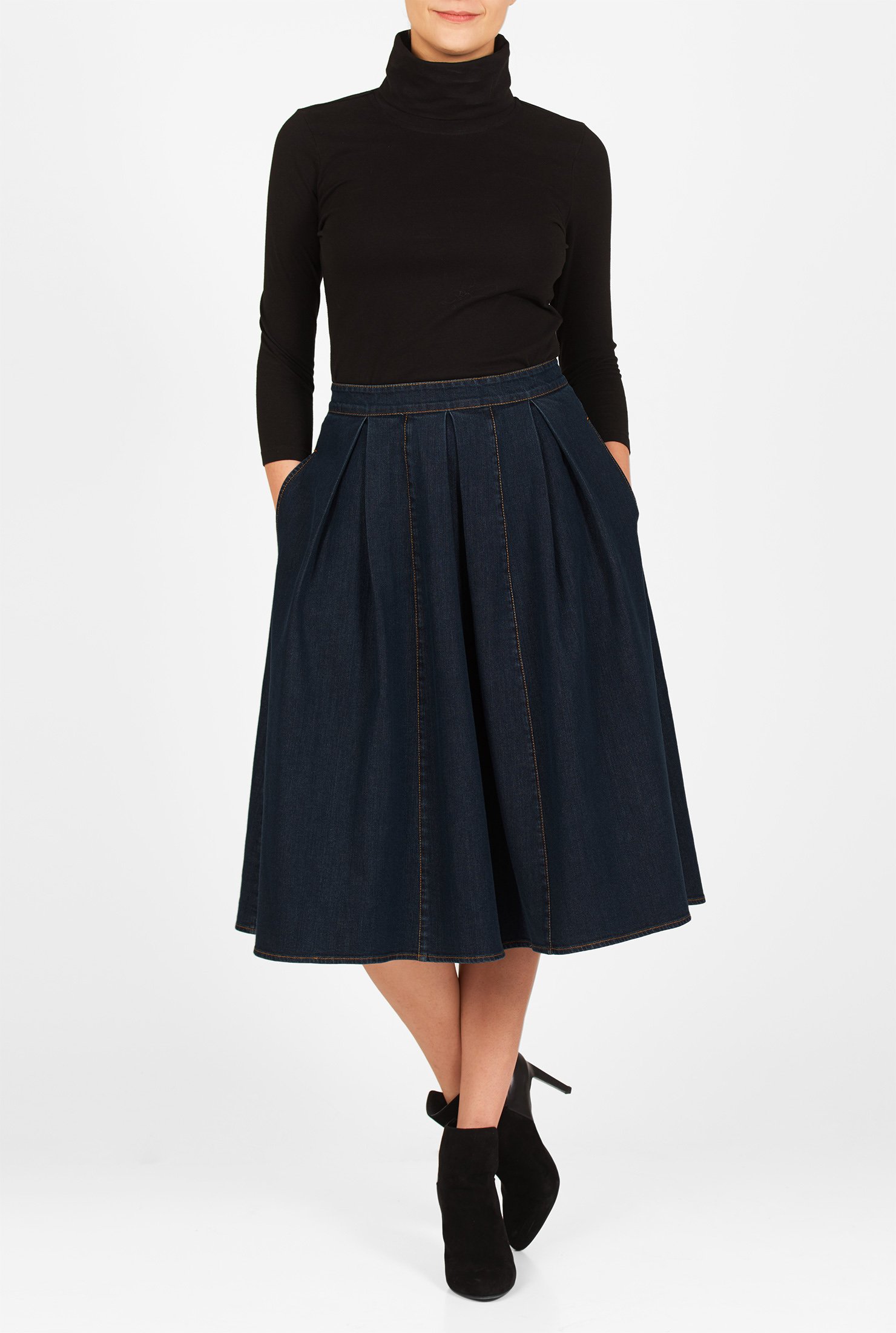 Shop Deep indigo denim box-pleat skirt | eShakti