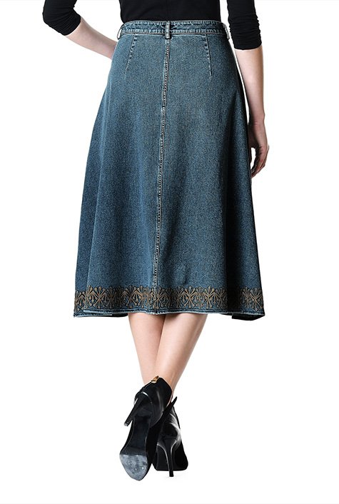 Shop Floral wool embellished vintage wash denim skirt | eShakti