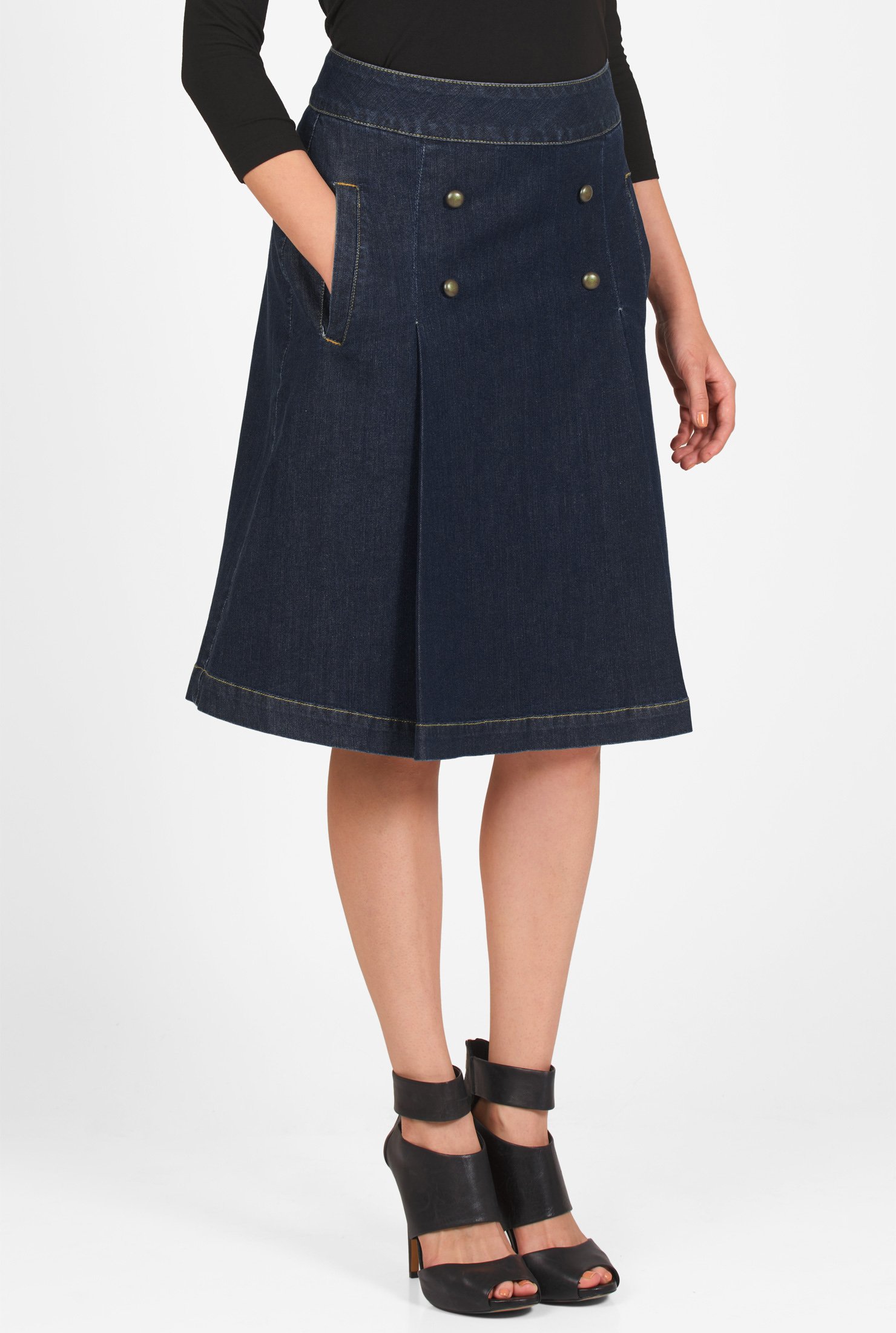 Shop Deep indigo denim button pleat skirt | eShakti
