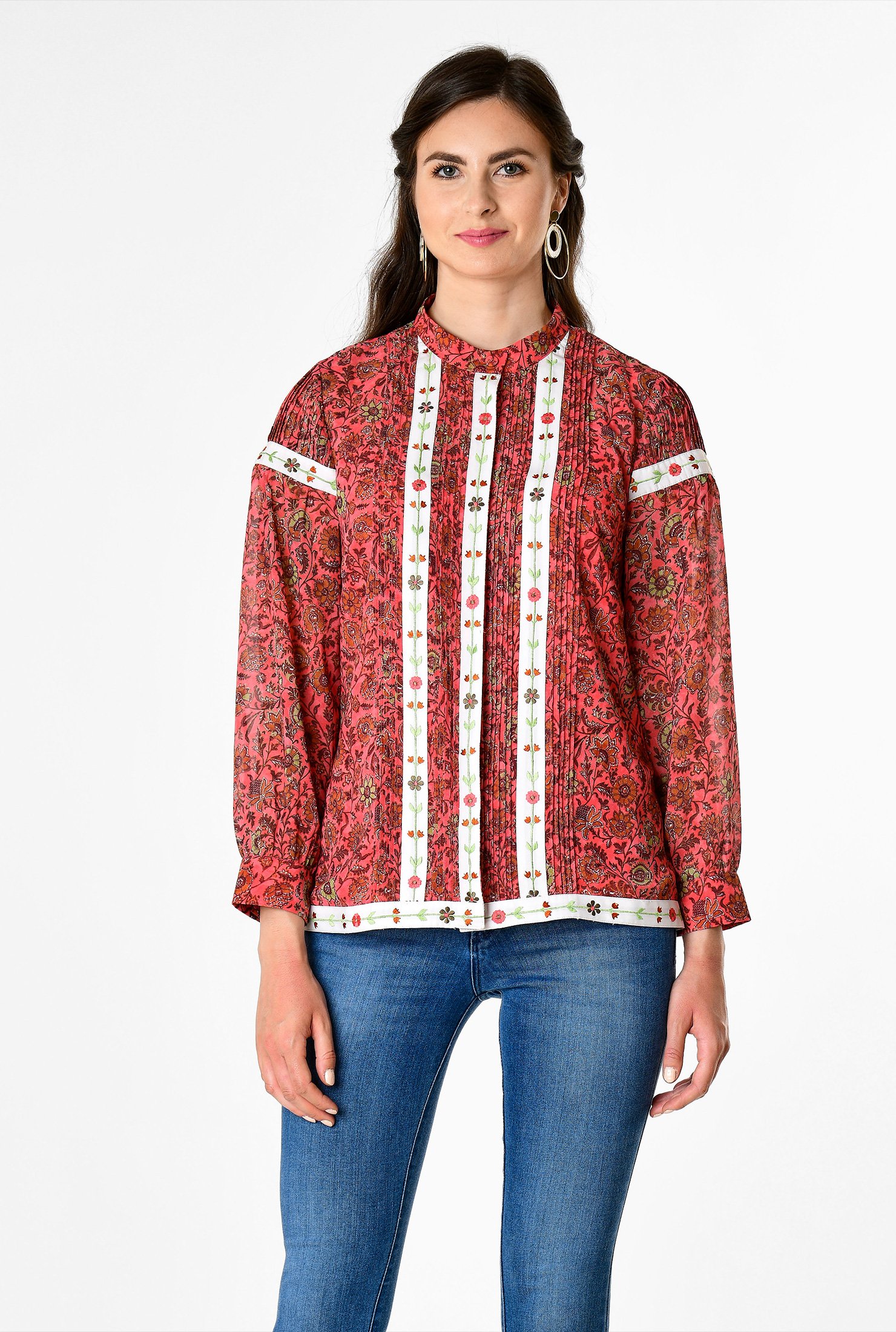 Shop Embellished trim pintuck pleat georgette blouse | eShakti