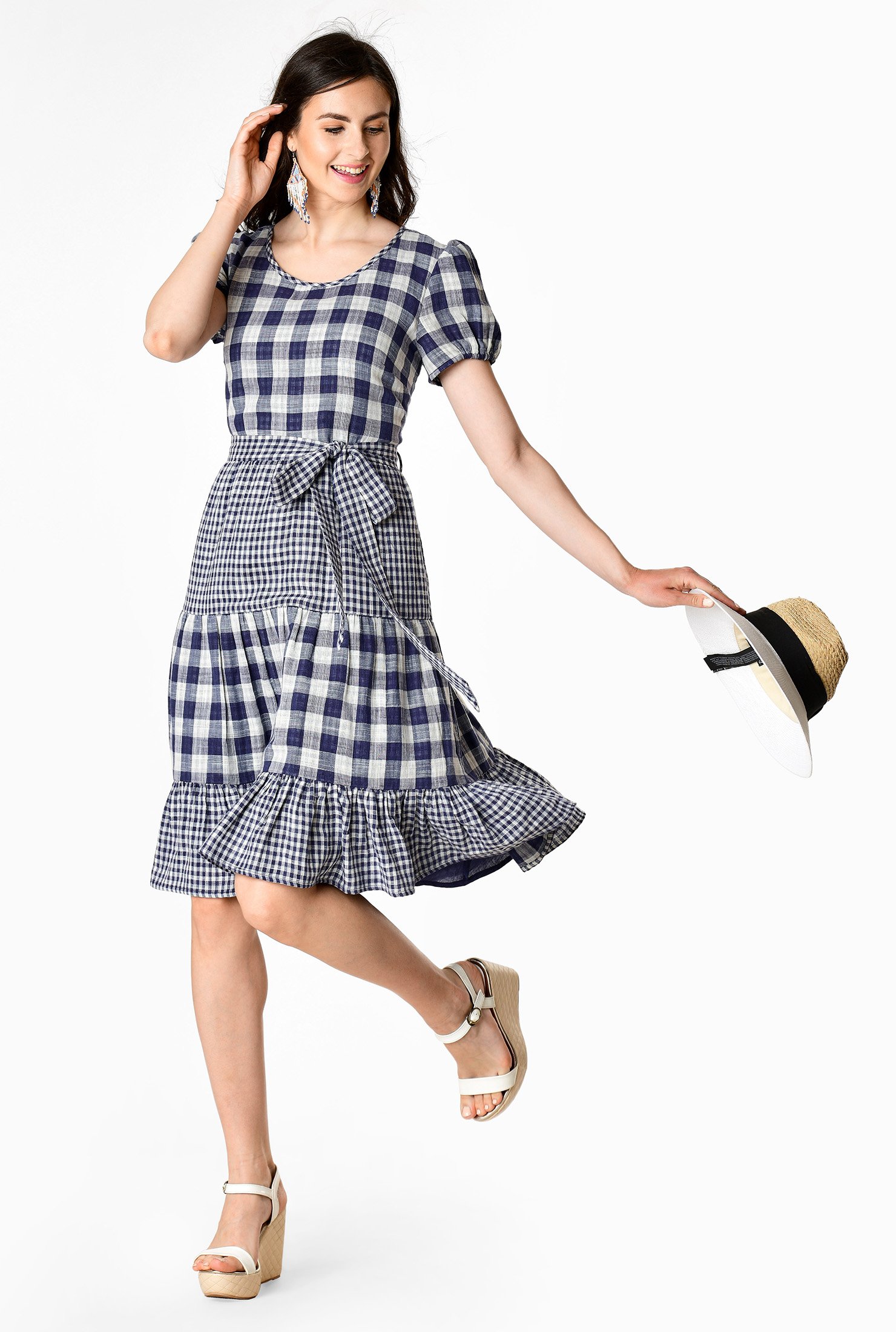 Shop Gingham Check Cotton Double Cloth Tier Dress Eshakti