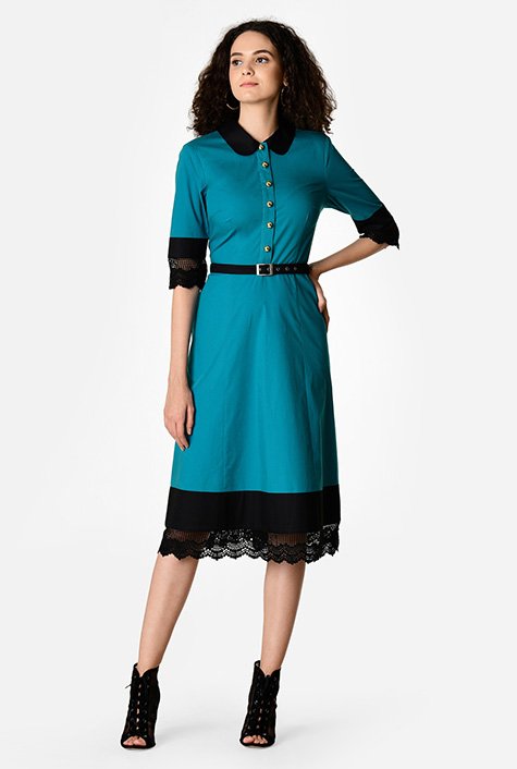 Shop Lace trim poplin belted dress | eShakti