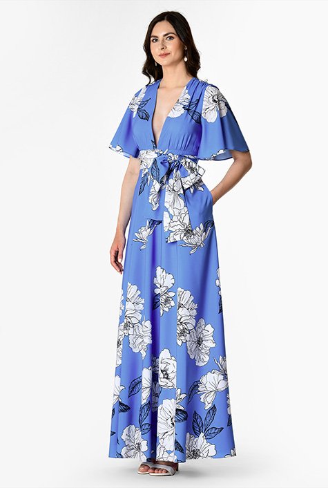 Shop Floral print crepe sash tie maxi dress | eShakti