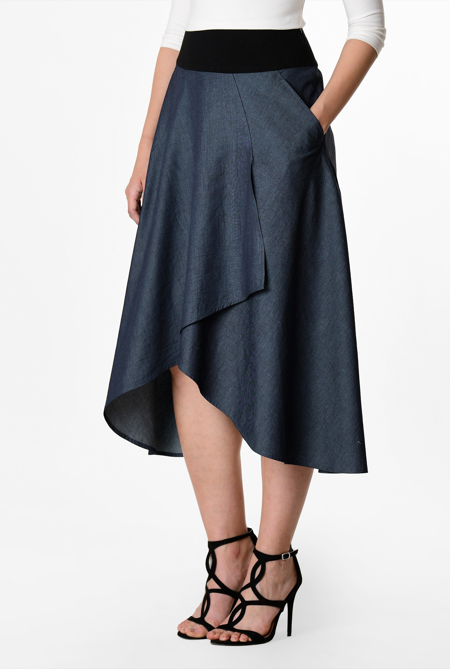 Shop Asymmetric hem cotton chambray skirt eShakti
