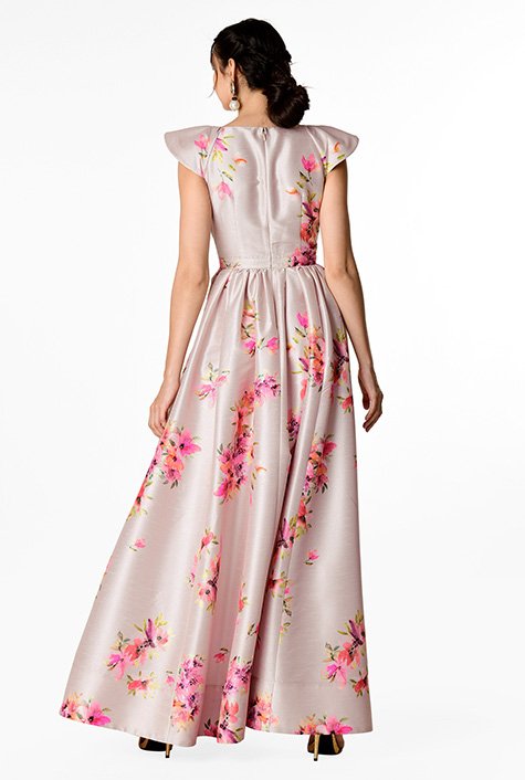 Shop Plunge floral print dupioni maxi dress | eShakti