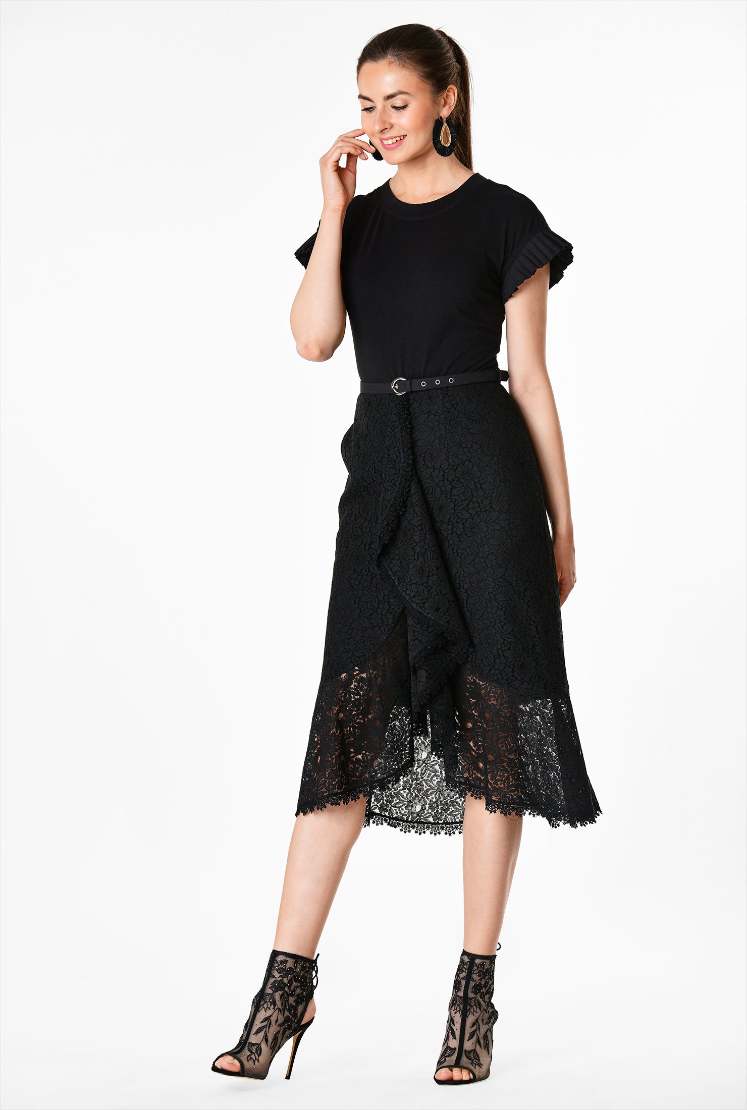 Shop Ruffle cotton jersey and floral lace sheath dress | eShakti