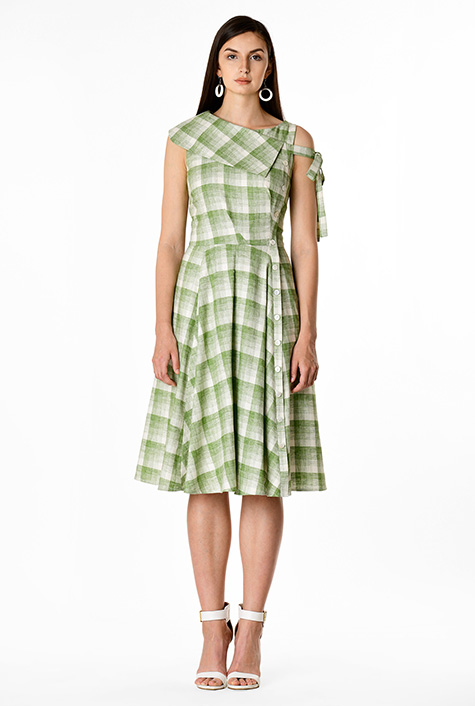★韓国人気★I AM MARI★COLLAR CHECK DRESS Shop Cotton check pleat waist shirtdress | eShakti