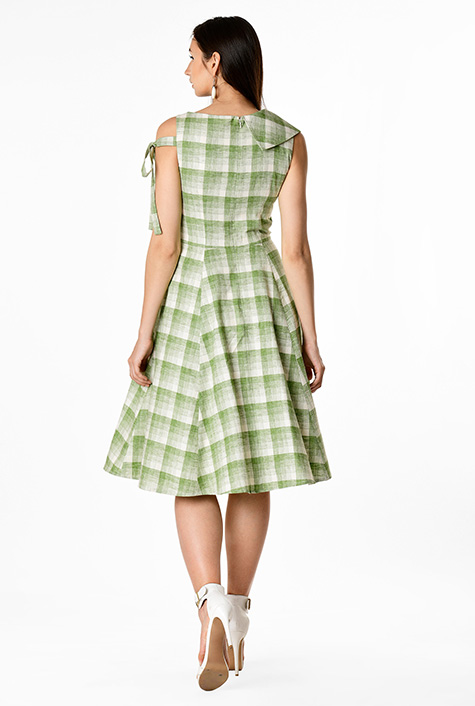 Shop Asymmetric collar side tie ombre check cotton dress