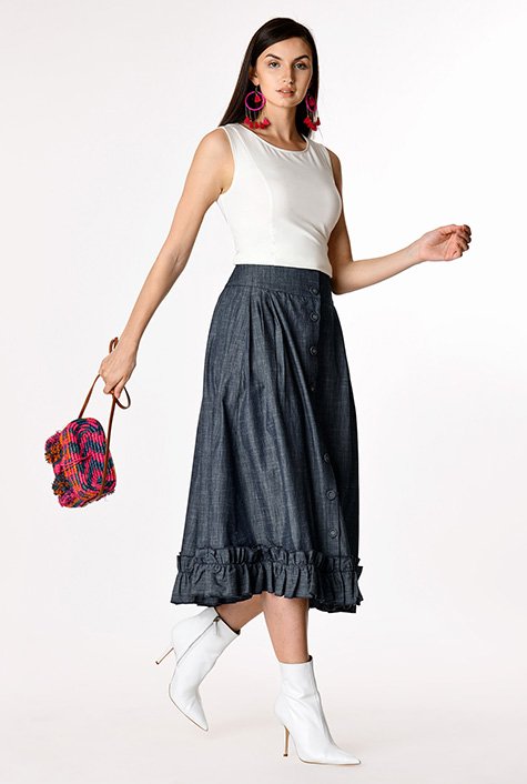 Button front ruffle skirt best sale