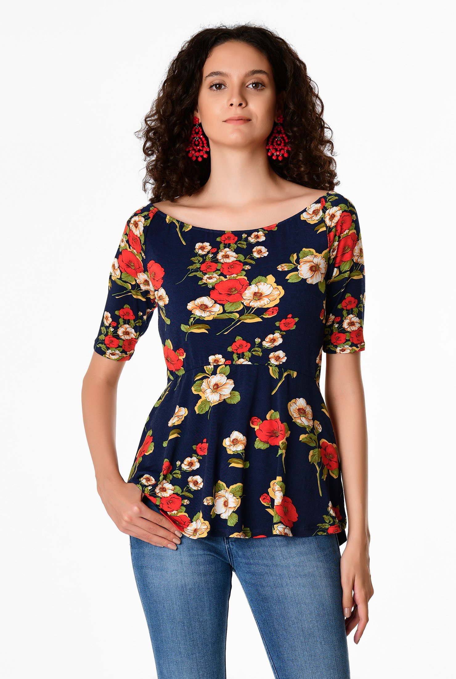 Shop Floral print jersey knit peplum top | eShakti