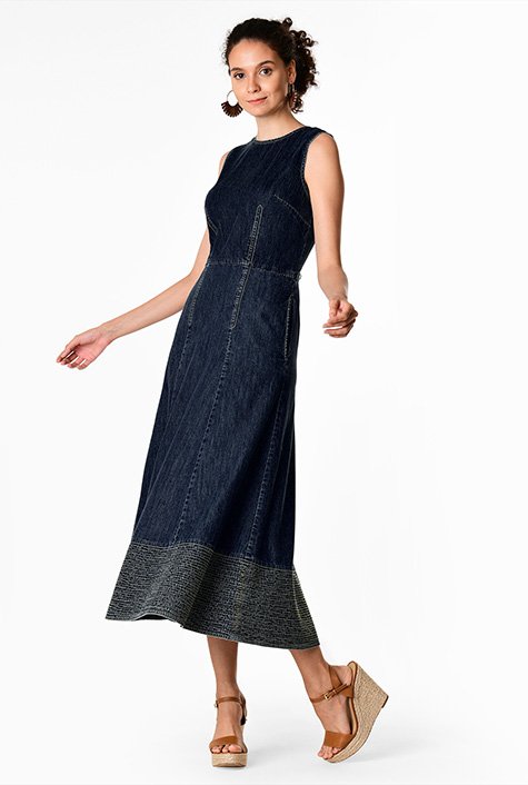 Shop Trapunto Hem Cotton Denim Midi Dress Eshakti